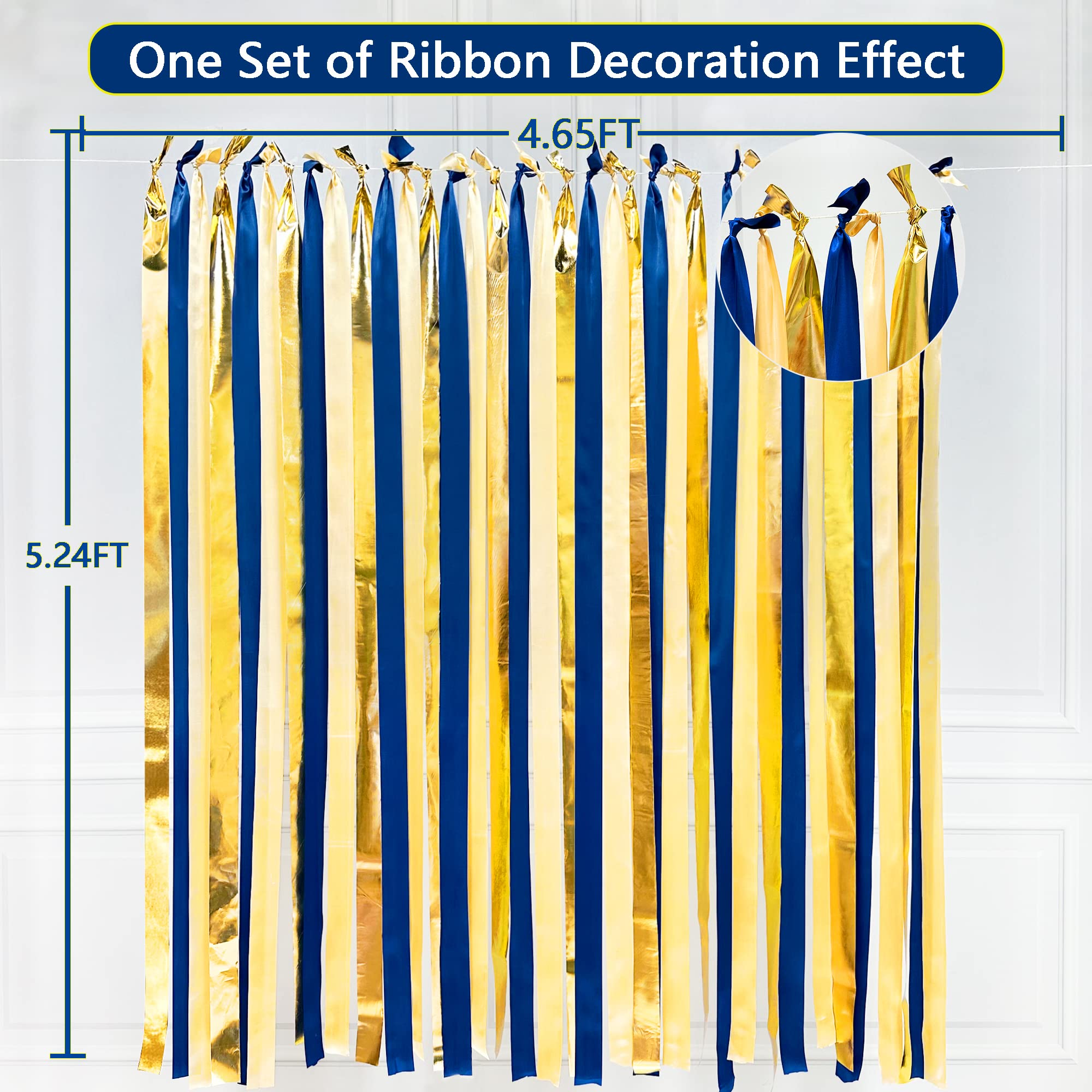 Blue Gold Party Decorations Navy Blue Streamer Backdrop 197 Ft  1.97'' Wide Satin Ribbon Royal Blue Fringe Hanging Garland For G