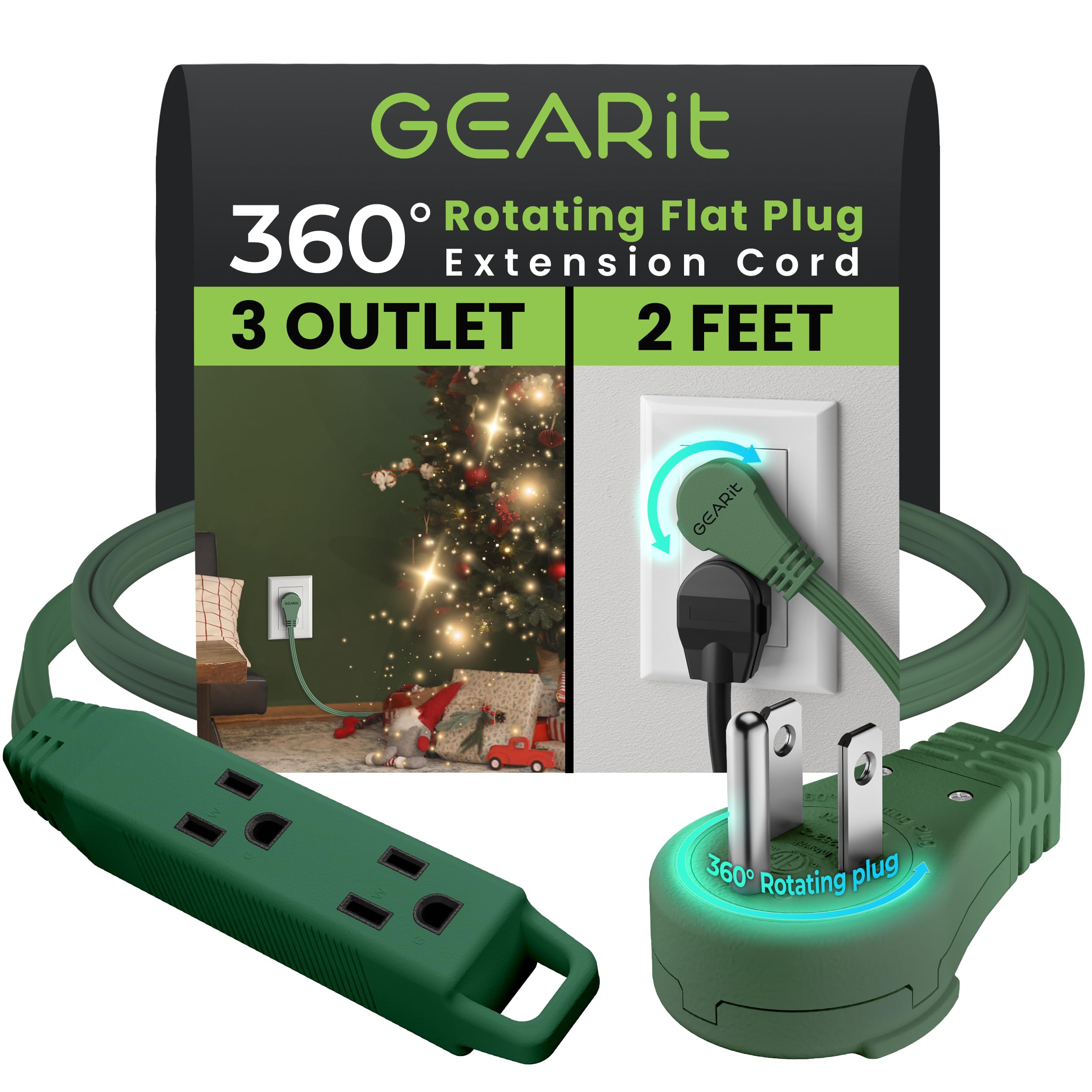 Gearit 360 Rotating Flat Plug Short Extension Cord With 3 Outlets (2Ft, Green) 16Awg/13A 3 Prong Wire, Outlet Saver For Home Off