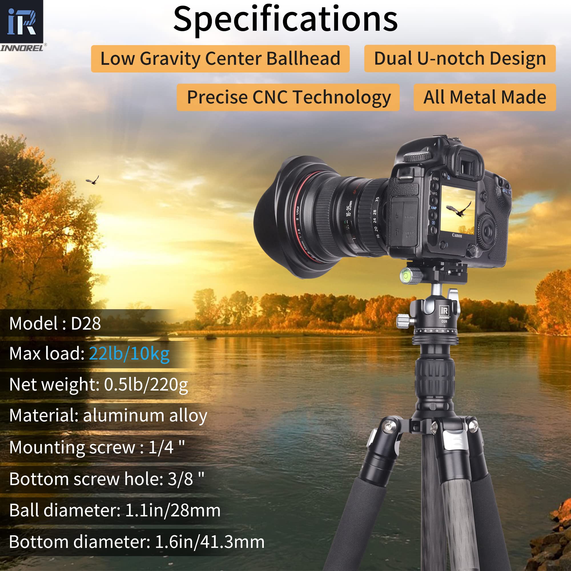 Innorel D28 28Mm Low Profile Tripod Ball Head Professional All Metal Cnc 360� Panoramic Camera Tripod Head For Monopod,Dslr Cameras,Camcorder,Dv With 1/4' Arca Swiss Quick Release Plate Load 22Lb/10Kg