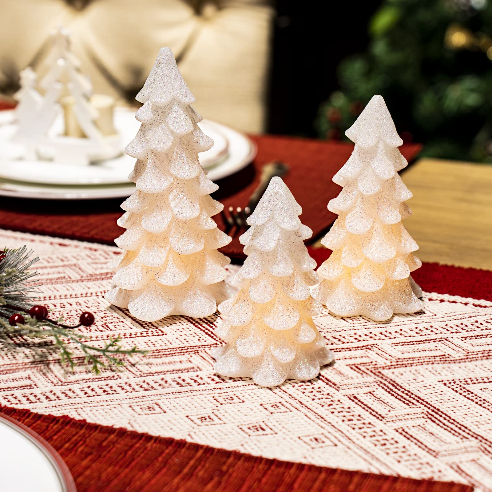 Yongmao Glittering White Christmas Tree Shaped Flickering Flameless Led Candles With Timer, Real Wax Battery Operated For Home P