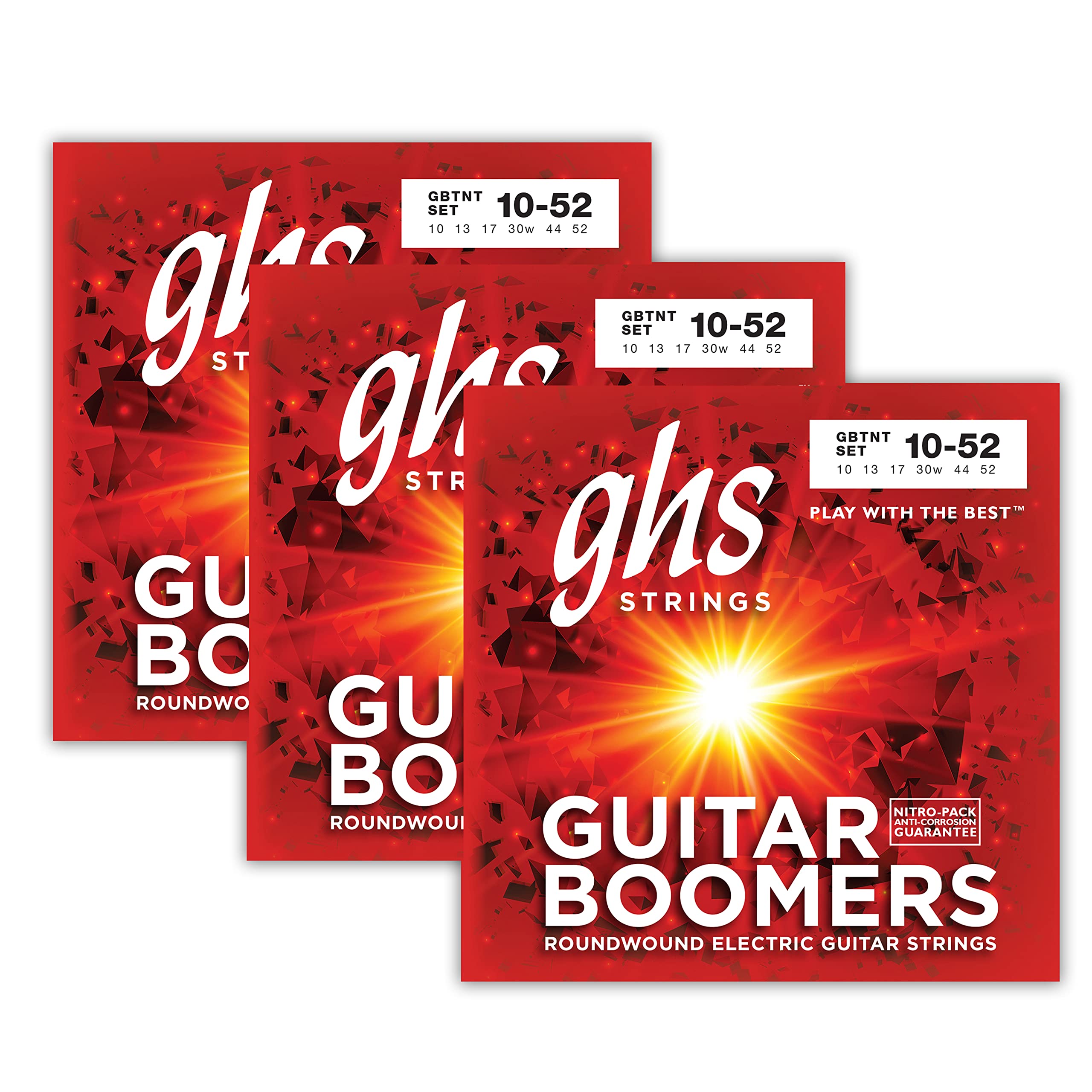 Ghs Strings Gbtnt Guitar Boomers, Nickel Plated Electric Guitar Strings, Thin & Thick (10 52), Pack Of 3