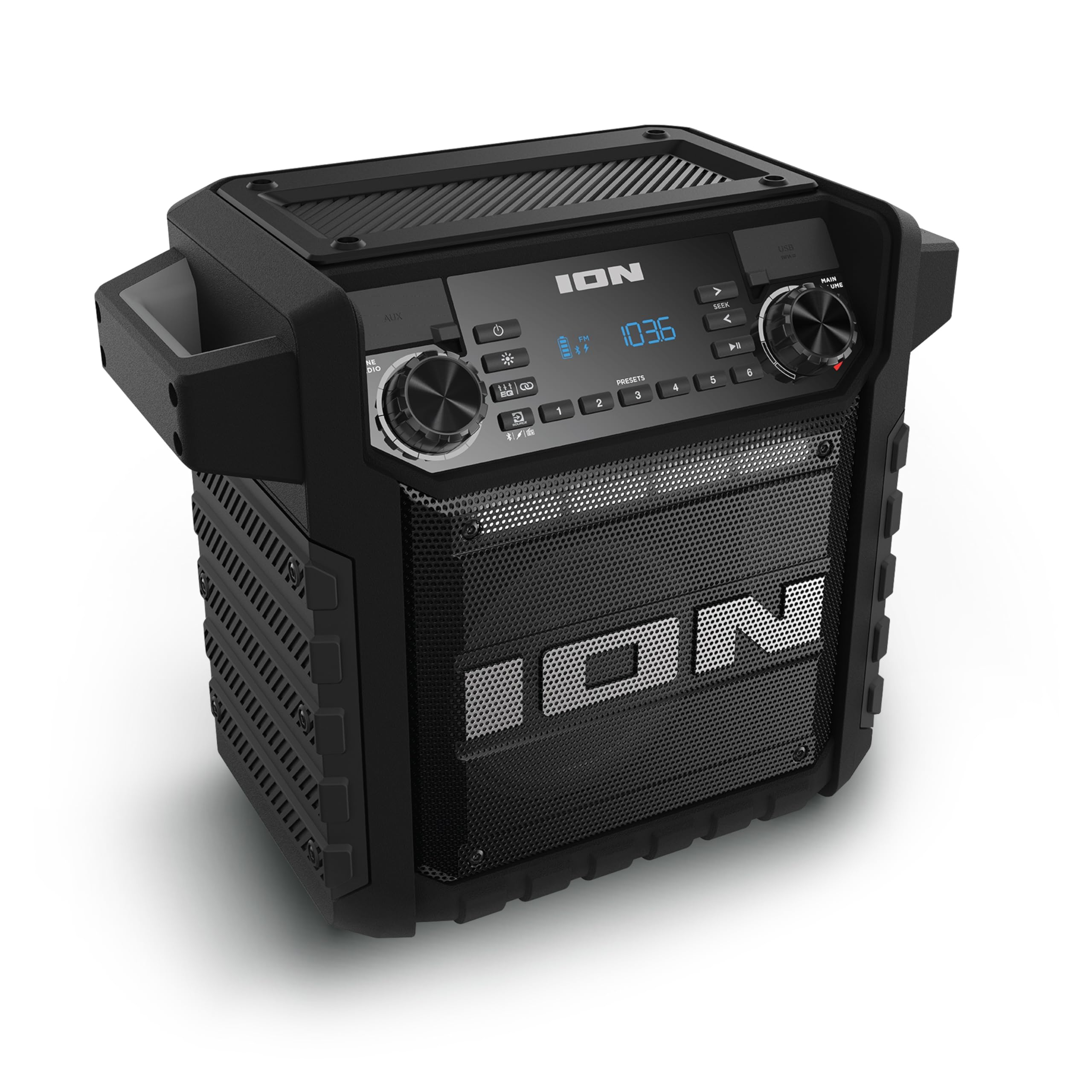 ION Tailgater Classic Outdoor Portable Bluetooth Speaker with Rechargeable Battery, FM Radio, USB Port, IPX5 Water-Resistant, 6.