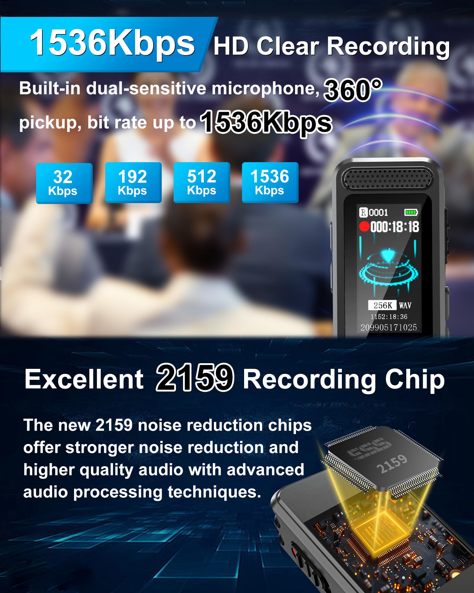 128Gb Mini Voice Recorder With 2159 Professional Noise Reduction And Up To 1536Kbps Lossless Sound Quality, Voice Activated Reco