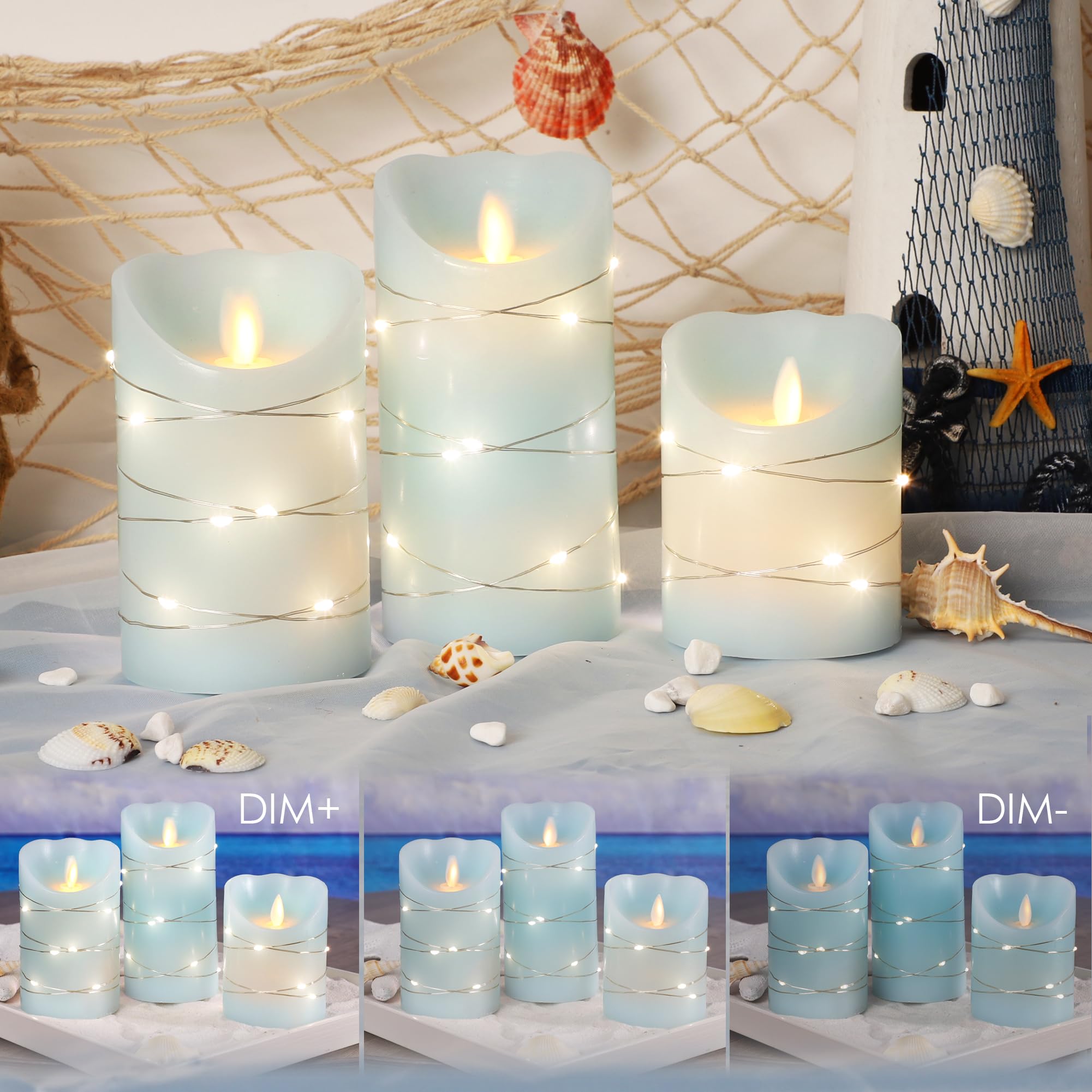 Silverstro Christmas Nautical Flameless Candles With String Lights Flickering Ocean Blue Battery Operated Candles With Remote Co
