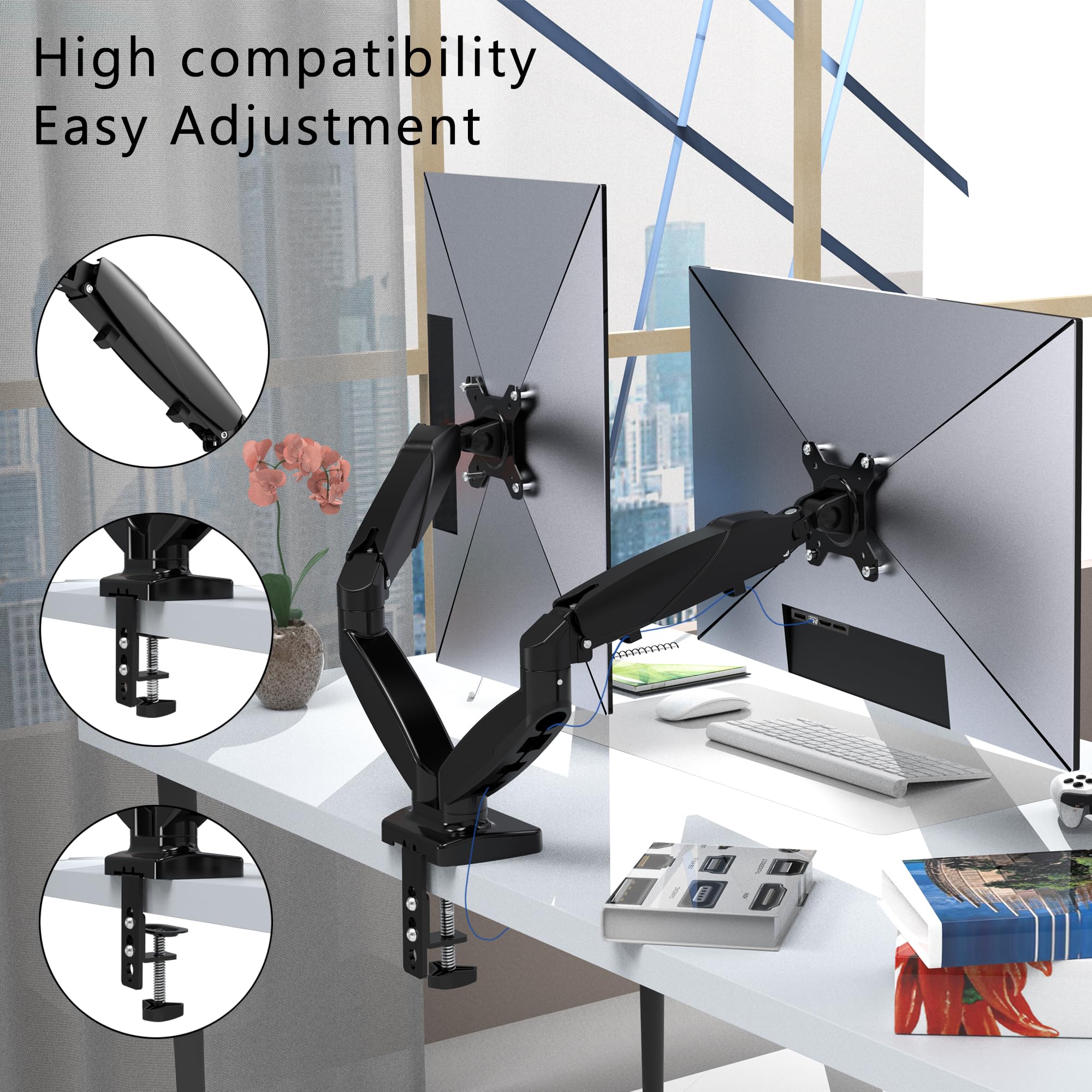 Dual Monitor Stand, Adjustable Gas Spring Monitor Arm For 15 To 27 Inch, Dual Monitor Mount Holds Max 15.4Lbs, Large Range Of Mo