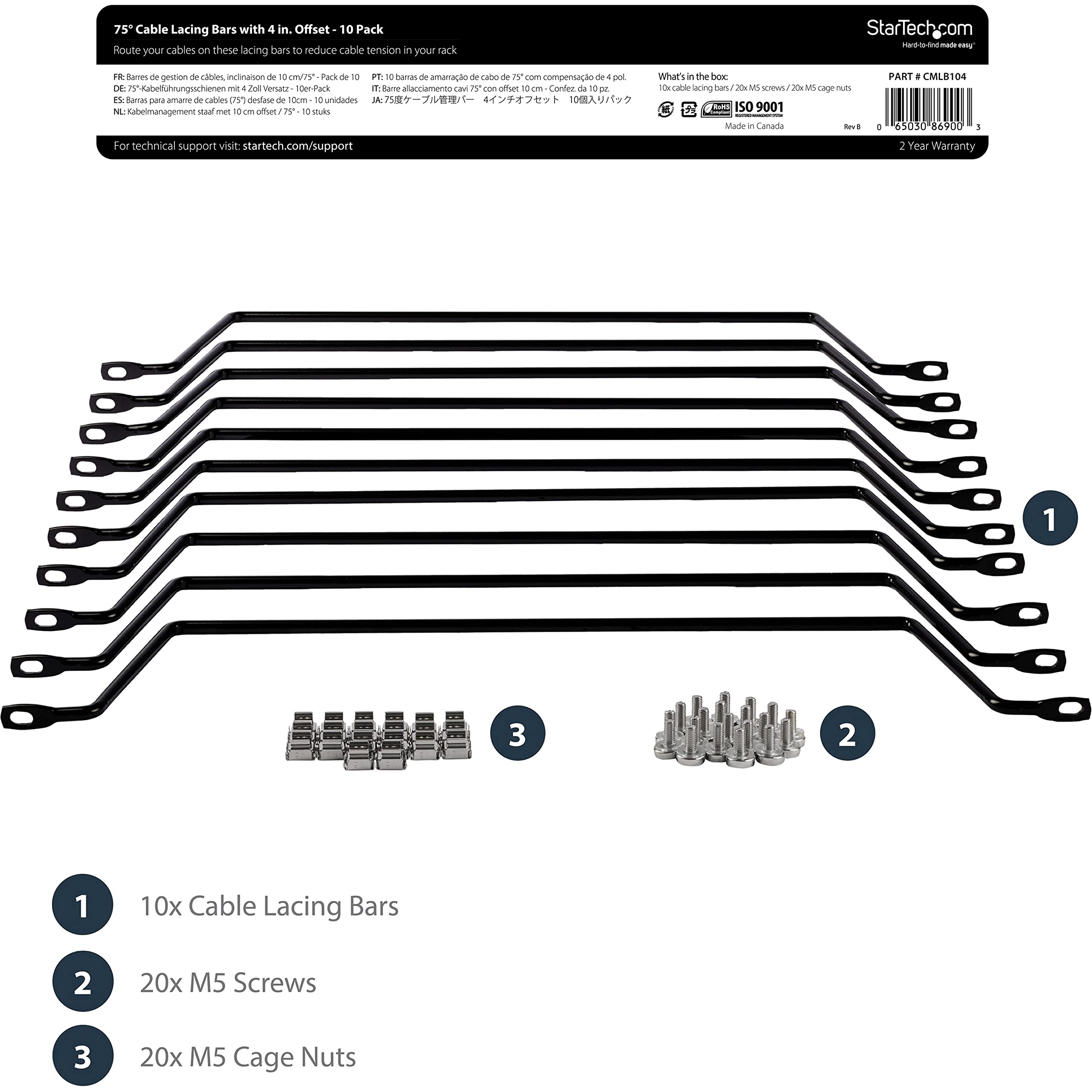 Startech.Com Horizontal Lacing Bar (10 Pack) W/ 4 Inch Offset At 75 Degrees- Server Rack Cable Management - 19 Network Rack-Moun