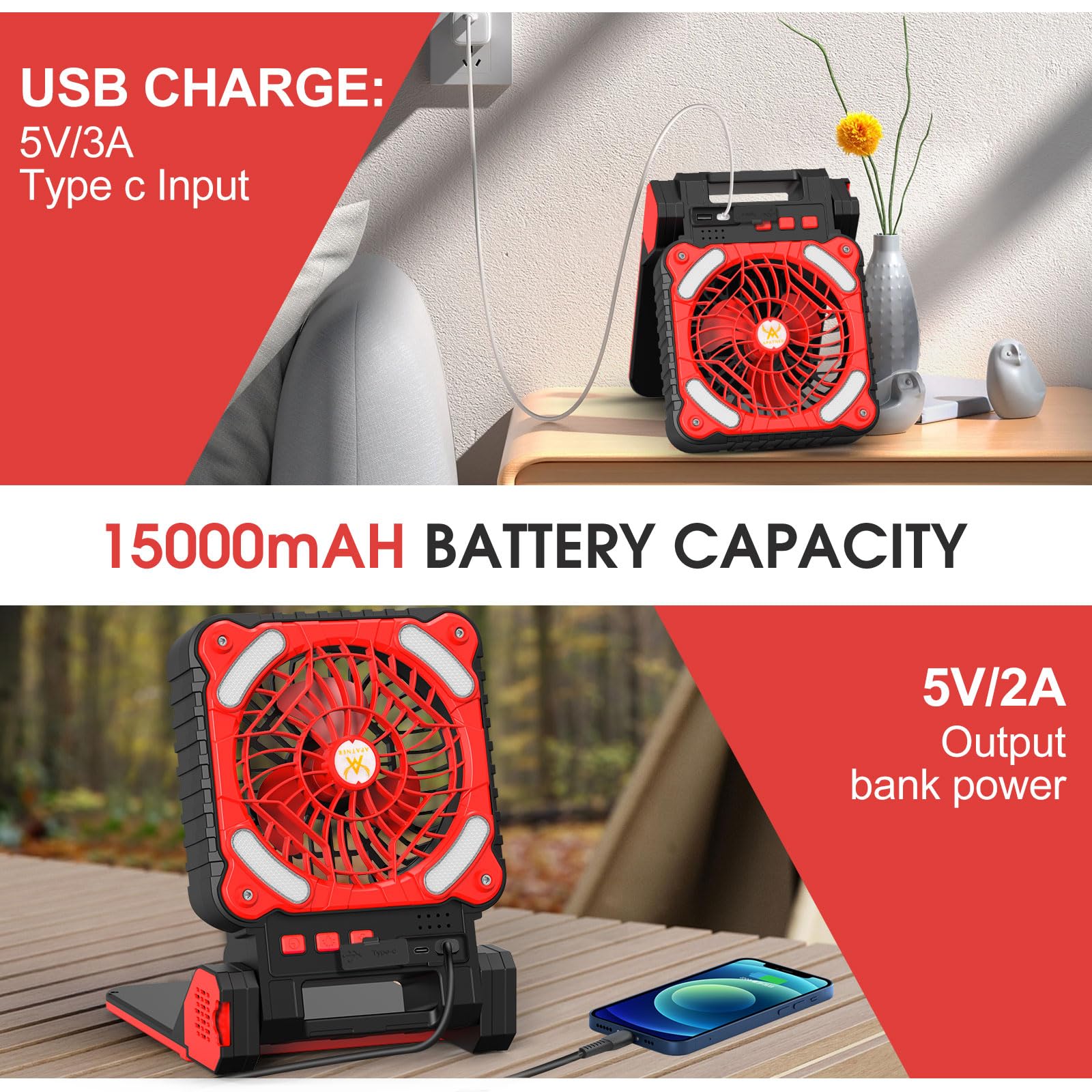 Solar Camping Fan, 15000Mah Outdoor Portable Rechargeable Tent Fan Camping Essentials Personal Cooling Fan Battery Operated With
