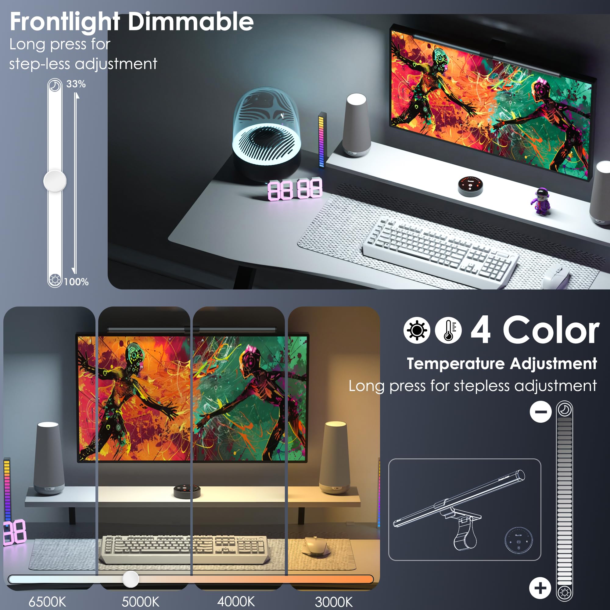 Quntis RGB Pro+ Monitor Light Bar, 20" USB Eye-Care Lamp, Multicolor, 15 Modes, Dimmable Brightness, Aluminum, Model LI-HY-0212