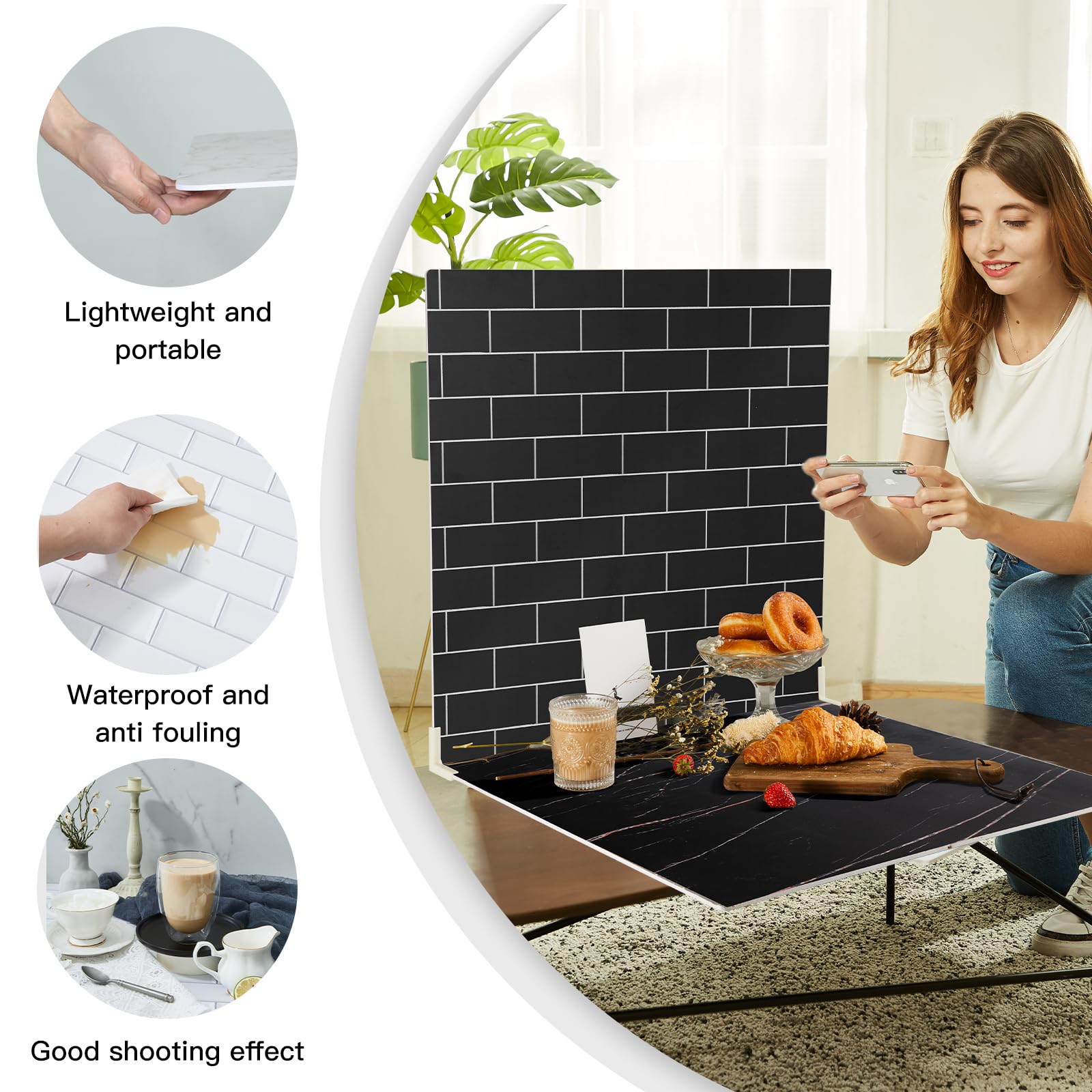 2 Sided 2 Pcs Photo Backdrop Boards, Subway Tile Flat Lay Food Photography Background Board, Durable Waterproof Product Food Pho