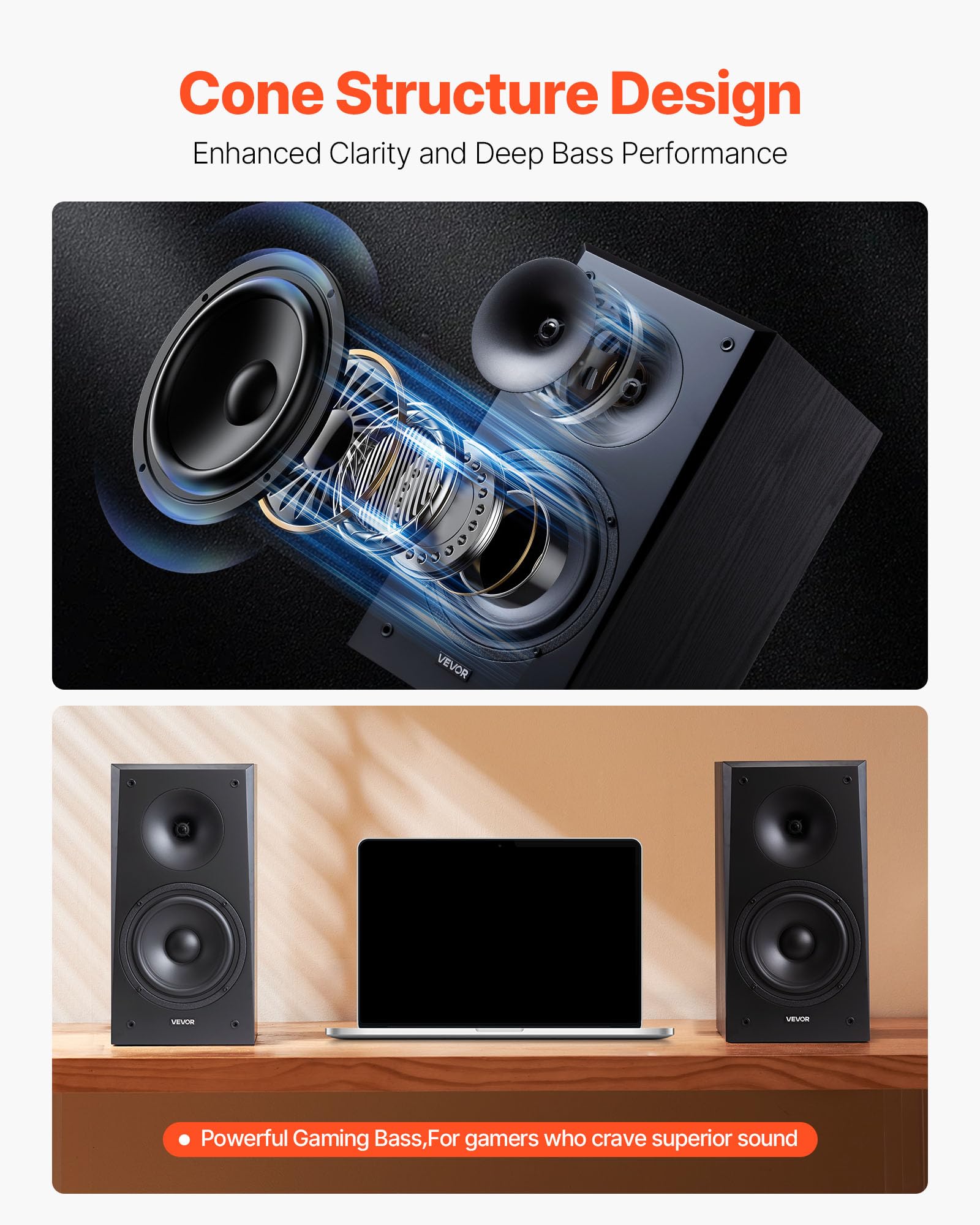 Vevor Passive Bookshelf Speaker, 100W, Book Shelf Stereo Speakers With 6.5-Inch Woofer And 1-Inch Tweeter, Detachable Grille, 55