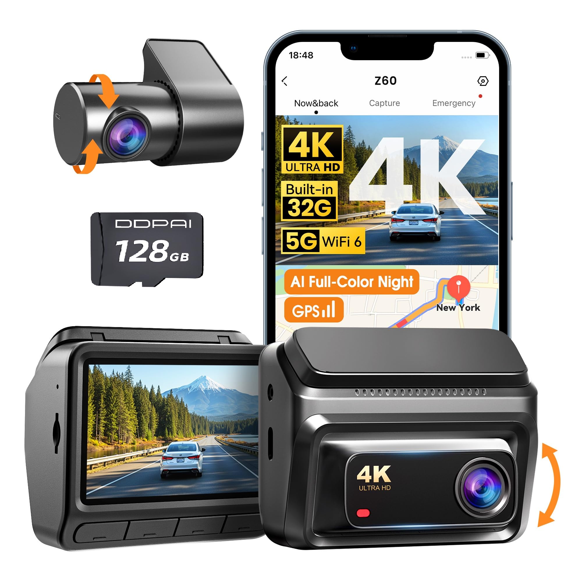 DDPAI 4K Dash Cam Front and Rear, Built-in 32G eMMC Dual Dash Camera for Cars, 128GB Card Included Dashcam,GPS, Night Vision,5G 