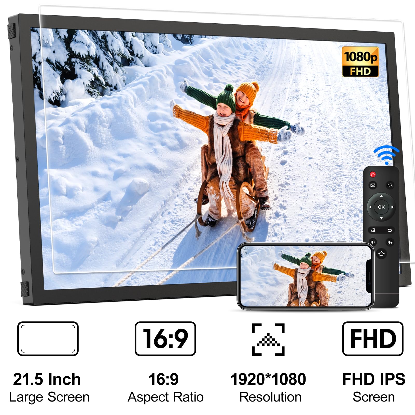 Smart Digital Picture Frame Large Digital Photo Frame   21.5 Inch App Frames 1920X1080 Ips Screen, 32Gb, Remote Control, Synchro