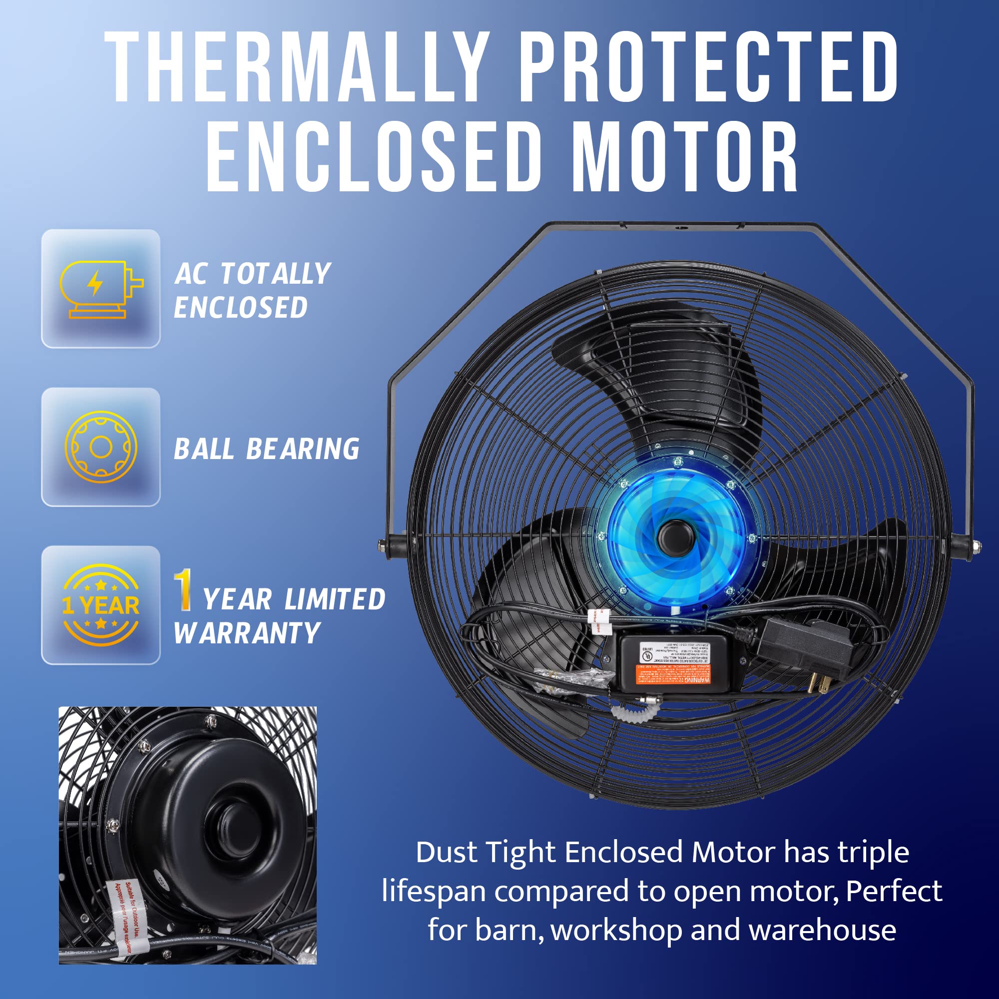 Tornado 20 Inch Outdoor Rated Ipx4 Water-Resistant High Velocity Fan Industrial Workstation Wall Mount Fan For Commercial, Indus