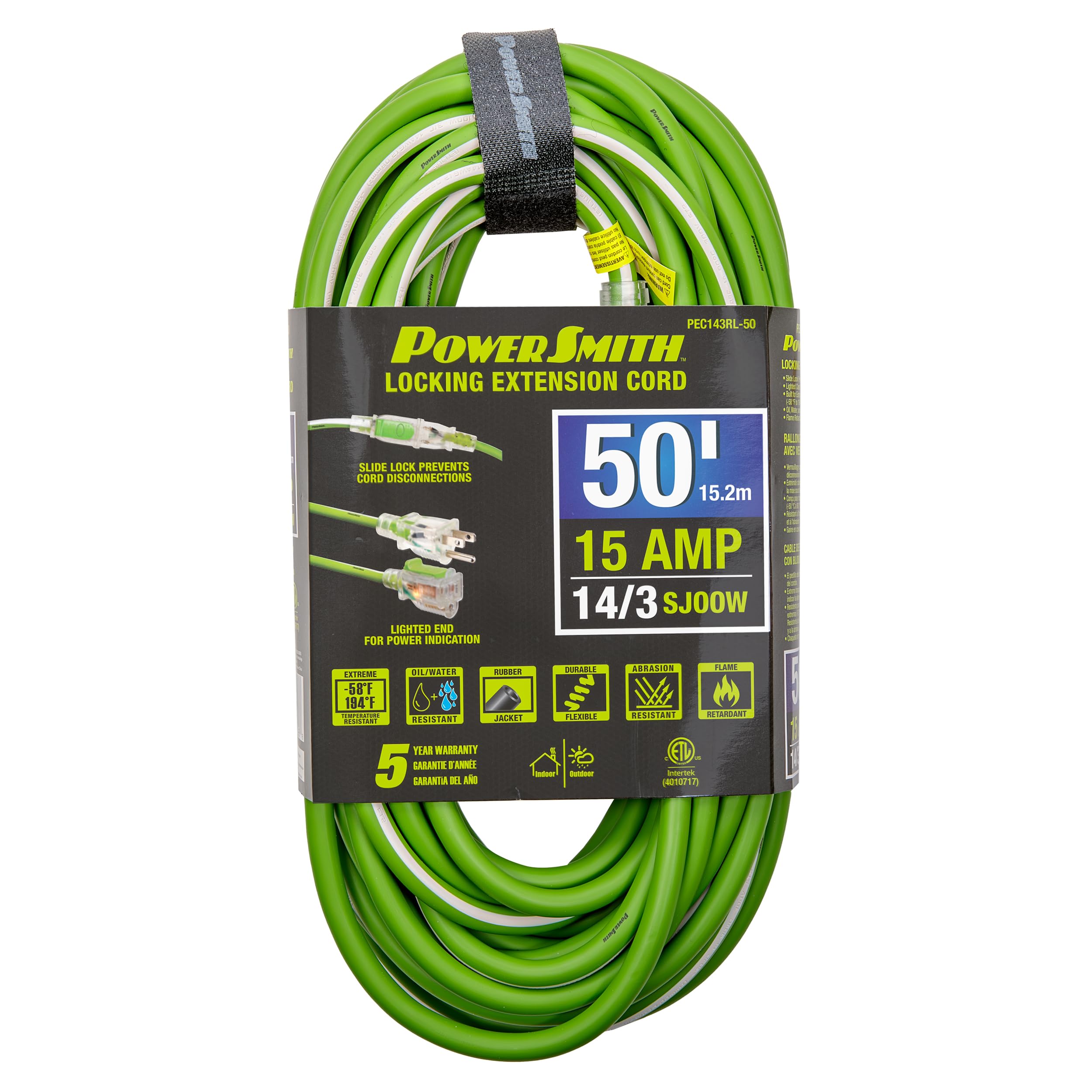 Powersmith 50 Ft. Medium Duty Extension Cord 14/3 Sjoow 15 Amp Indoor/Outdoor Locking, Lighted End,  58F To 194F, 5 Year Warrant