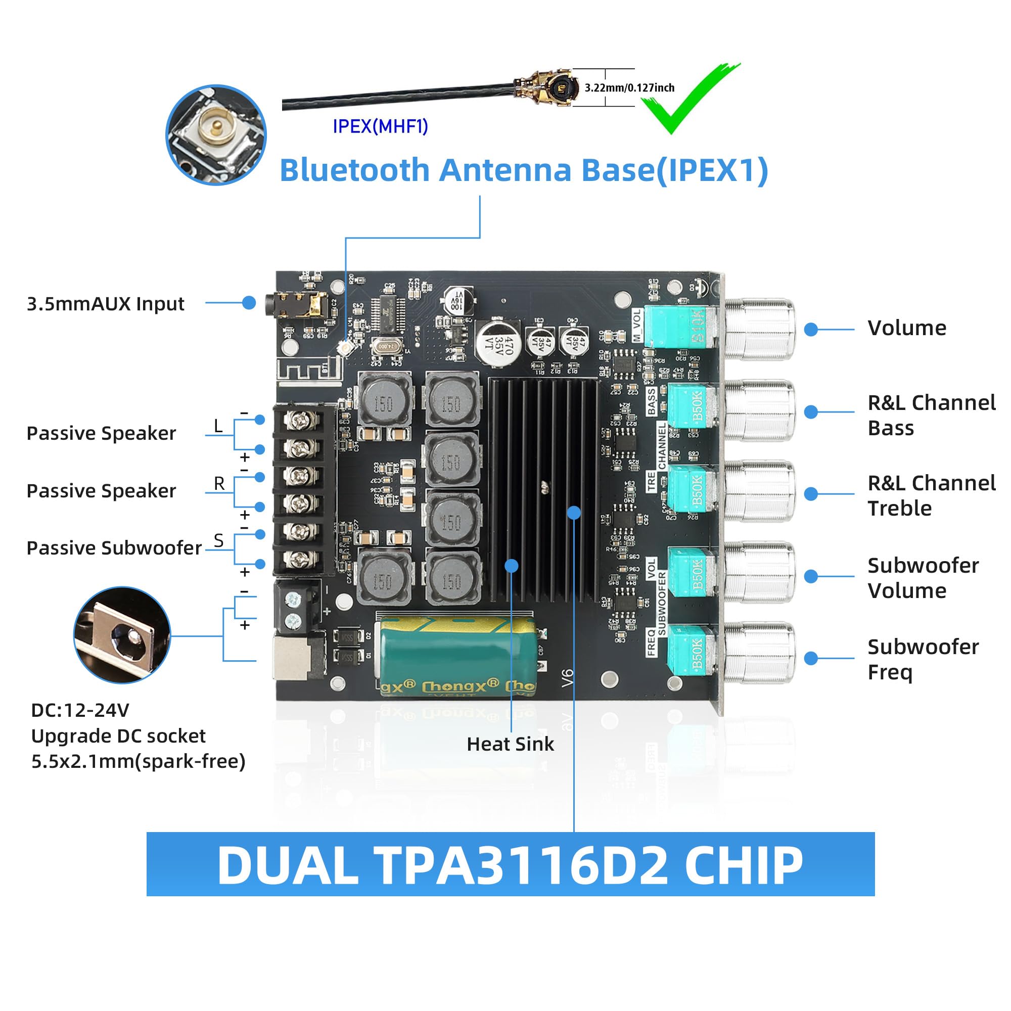 Damgoo 50W+50W+100W 2.1 Channel Subwoofer Amplifier Board With Treble And Bass Control, Dual Tpa3116 Chip, Dc 12 24V, Bluetooth