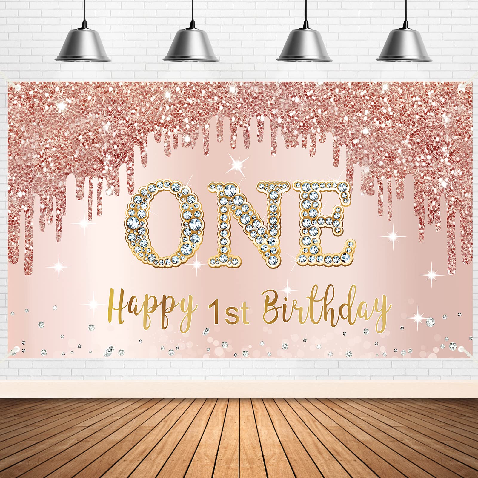 Happy 1St Birthday Banner Backdrop Decorations For Girls, Rose Gold 1 Year Old Birthday Party Sign Supplies, Pink One Birthday P