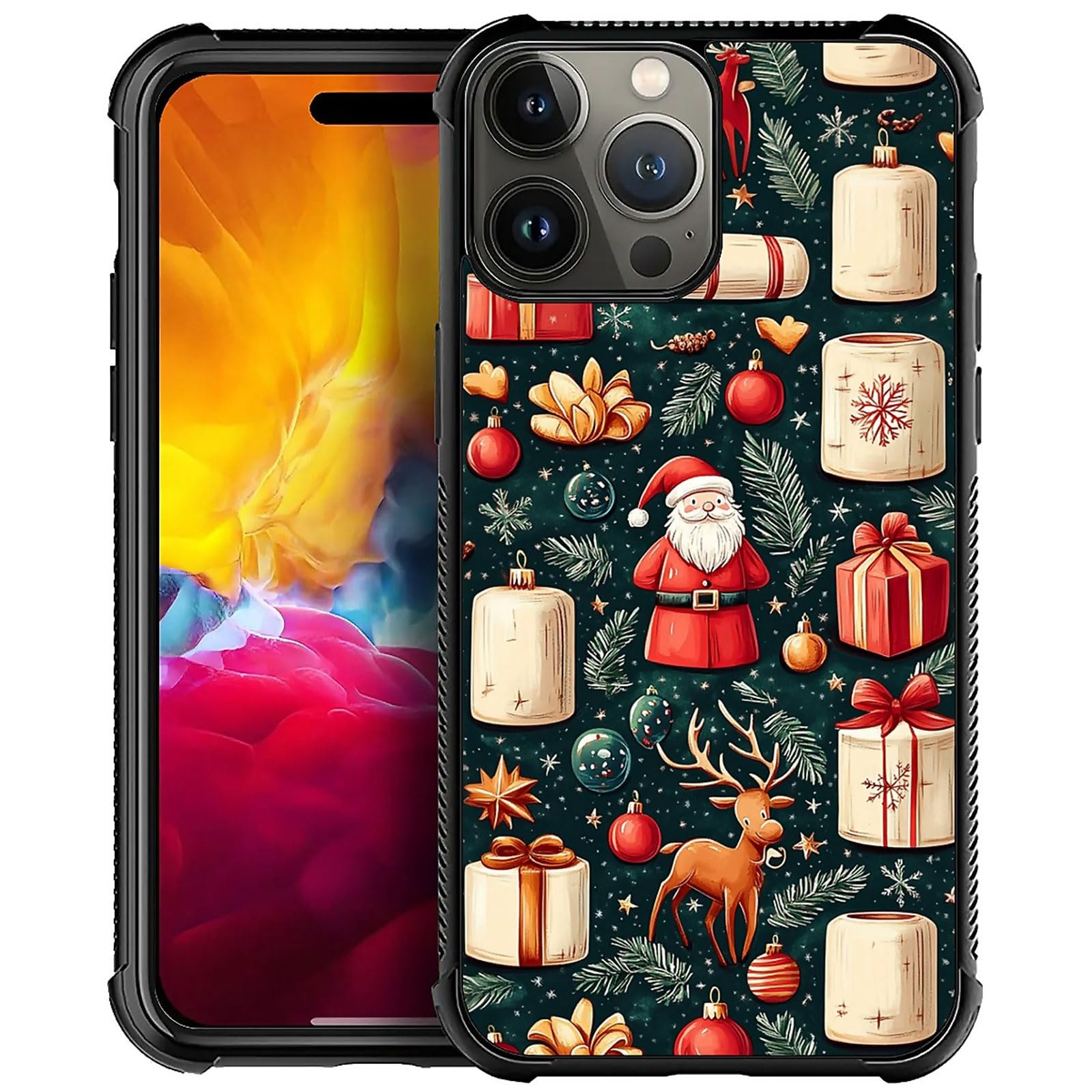 XUANWENPA for iPhone 16 Pro Case,The Black Shell Design is Bright,Anti Drop and Dust-Proof,Christmas Abstract Gift Box and Old M