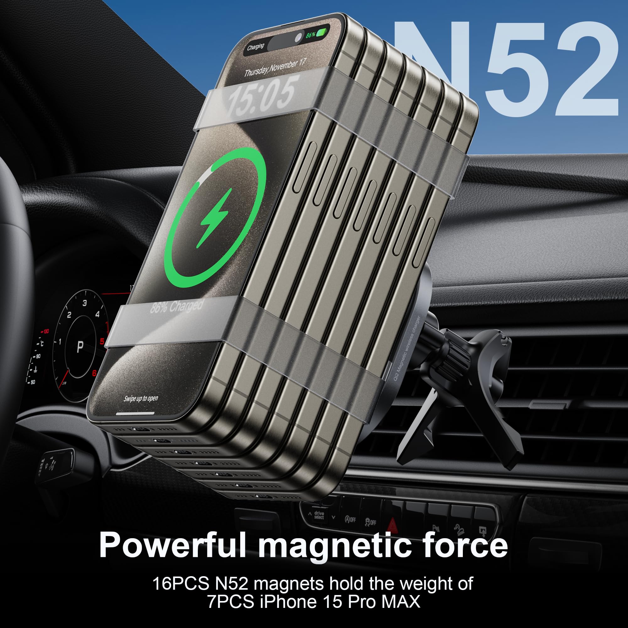 Hurmai For Qi2 15W Magsafe Car Mount Charger,Dash & Vent Wireless Cars Mount Charger Phone Holder Mounts For Iphone 16/15/14/13/