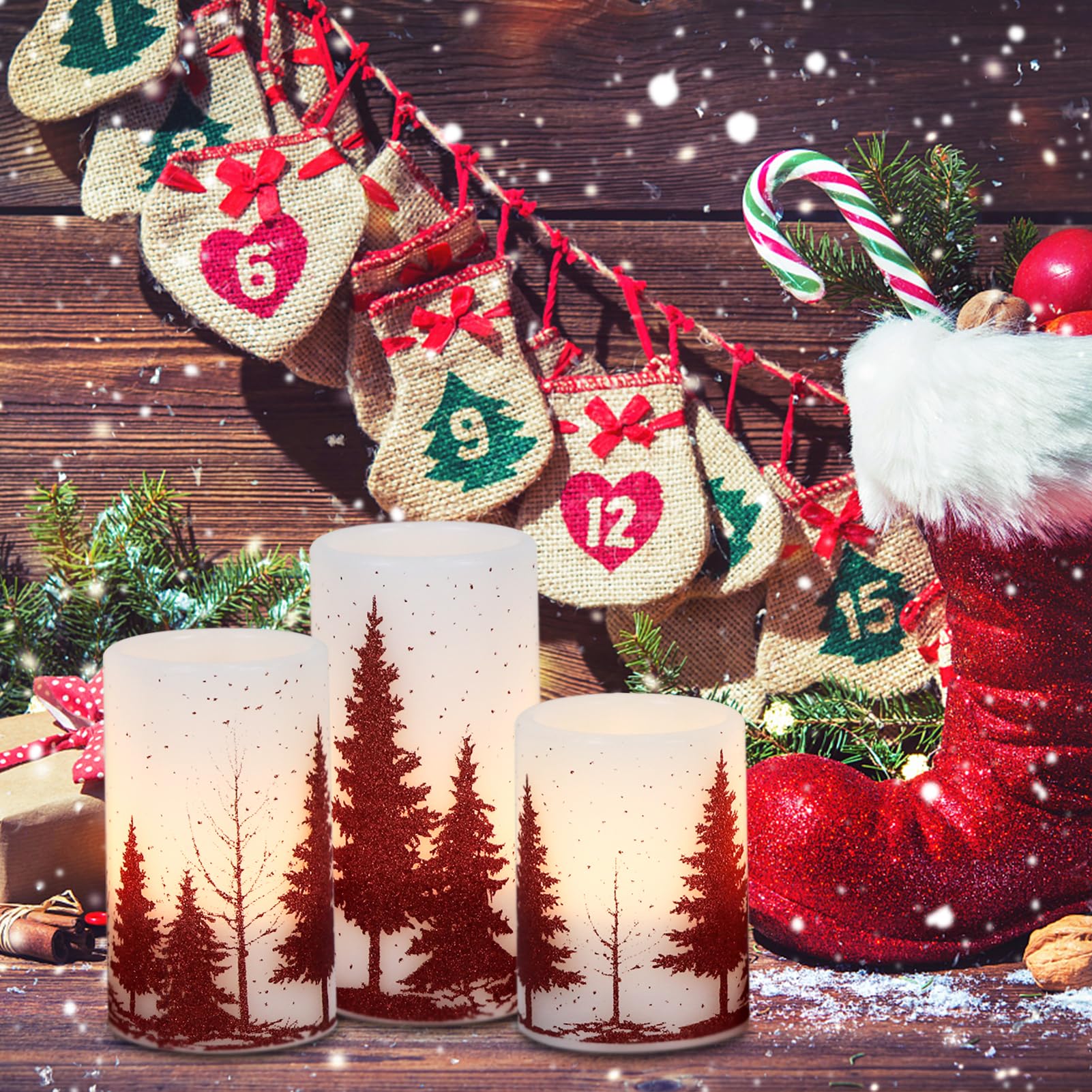 Dromance Christmas Tree Flameless Flickering Candles Battery Operated With 6H Timer, 3 Pack Real Wax Warm Light Led Pillar Candl