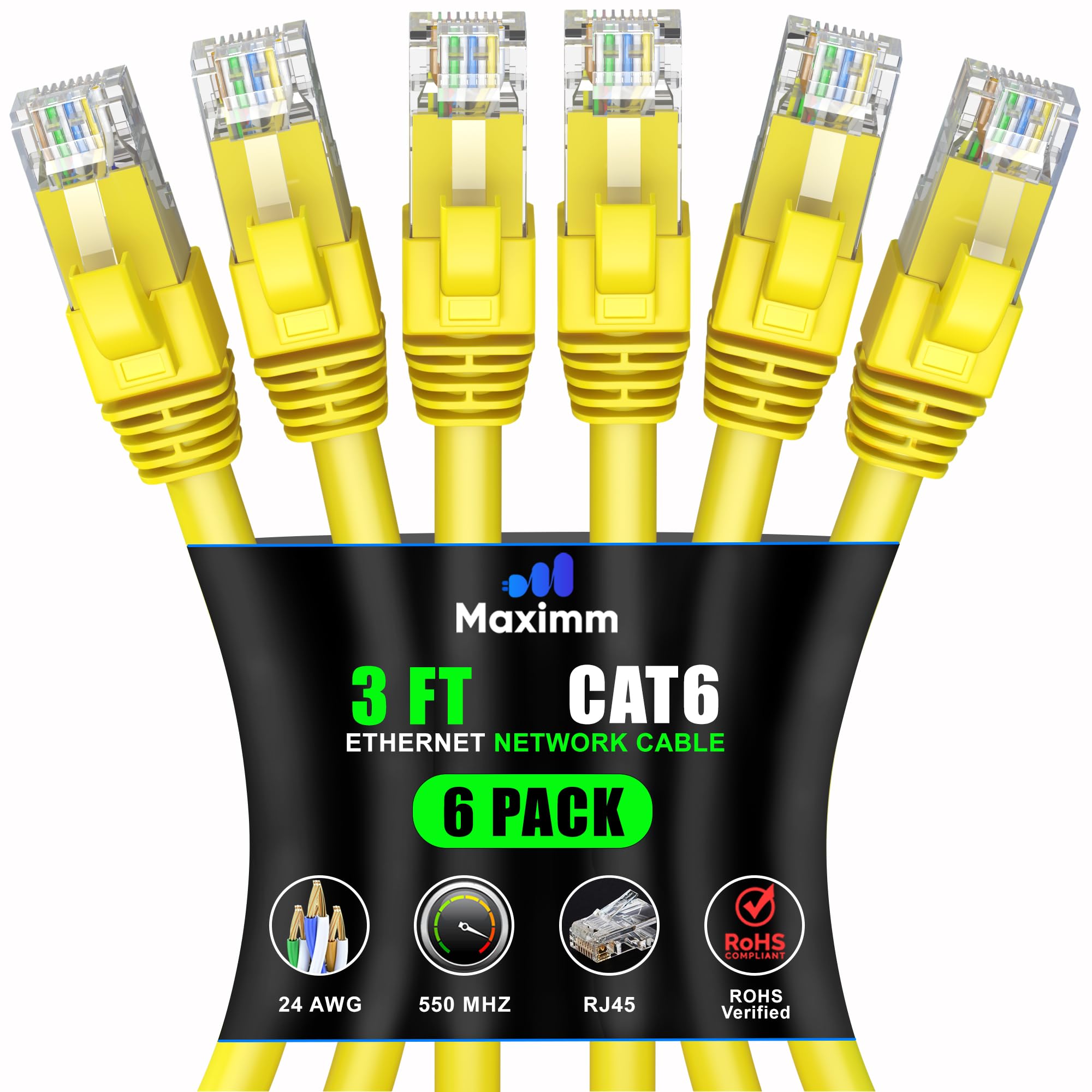 Maximm Cat 6 Ethernet Cable 3 Ft (6 Pack)   High Speed Lan Cable, Internet Cable, Patch Cable, And Network Cable   Utp, 10Gbps, 550Mhz Ethernet Cord   Yellow