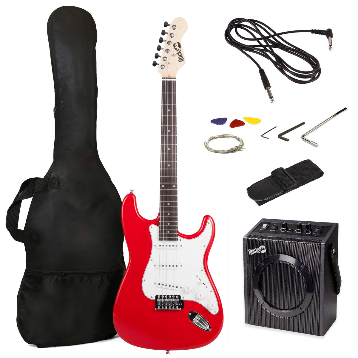 Rockjam Electric Guitar Superkit With 10-Watt Amp, Gig Bag, Picks & Online Lessons 6 String Pack, Right, Red, Full (Rjeg03-Sk-Rd
