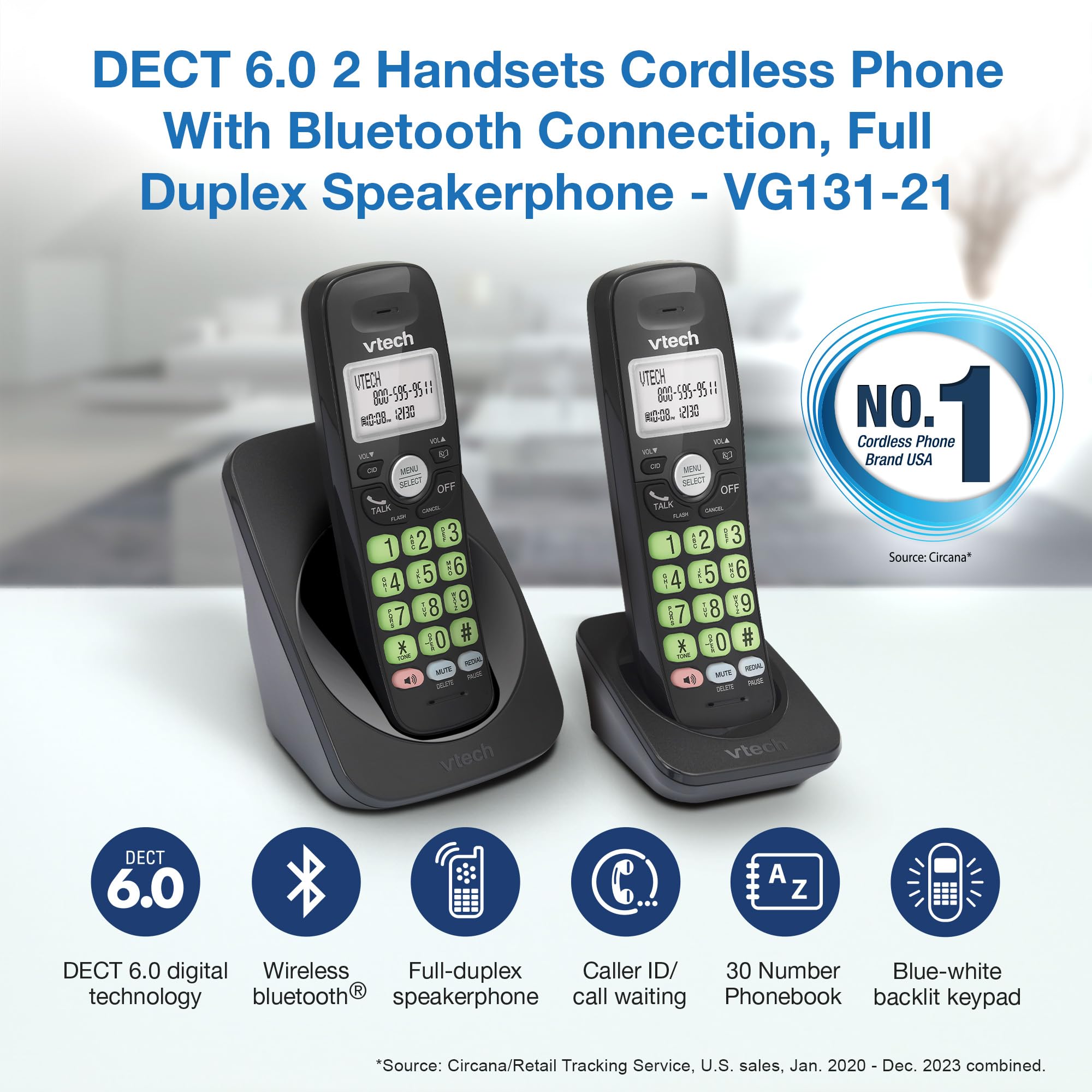 [New] Vtech Vg131-21 Dect 6.0 2-Handset Cordless Phone - Bluetooth Connection, Blue-White Display, Big Buttons, Full Duplex Spea