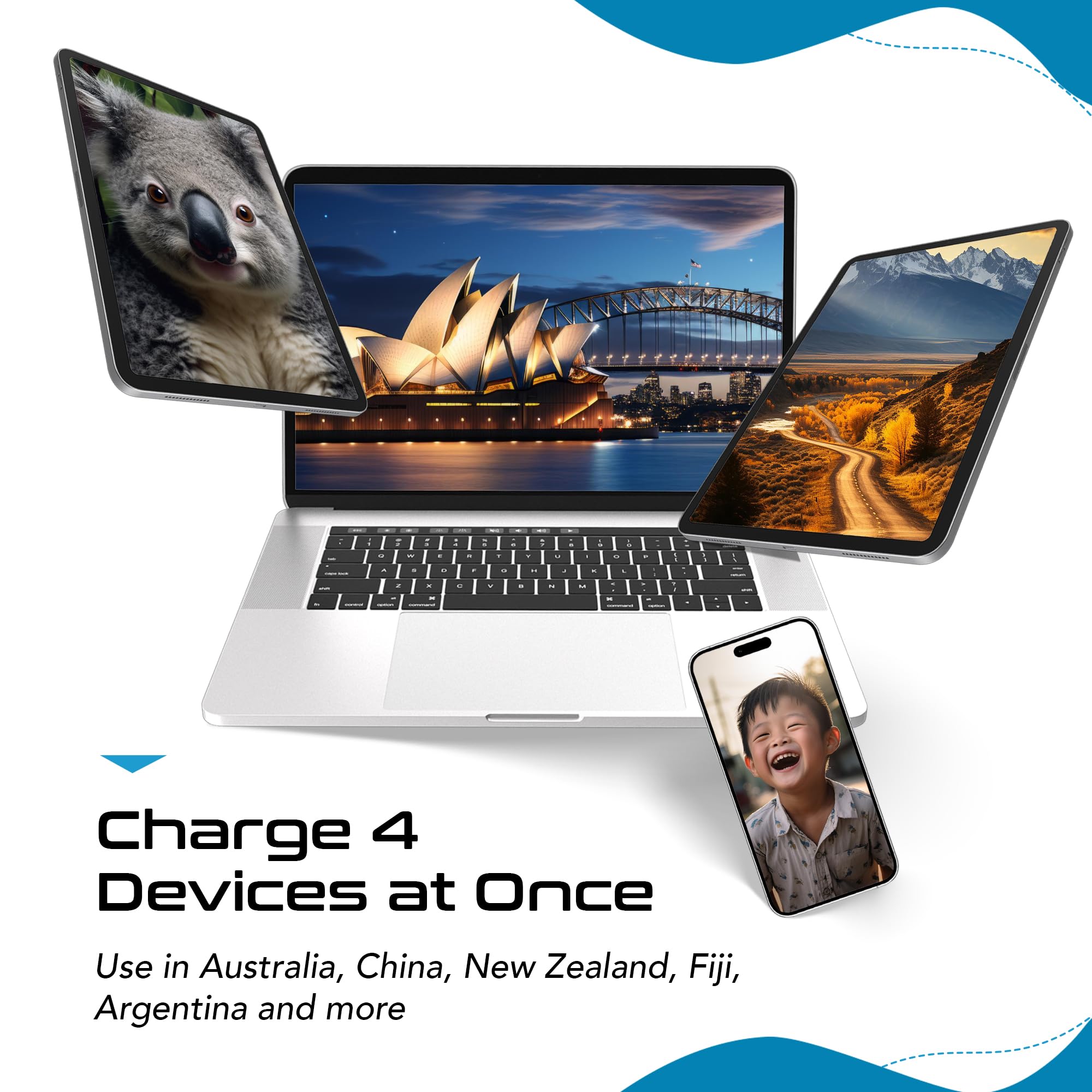 Ceptics Australian Travel Adapter Set, 20W Pd & Qc, Type I 3.1A   4 In 1 2 Usa Inputs, 1 Usb Port, 1 Usb C Port   Australian New