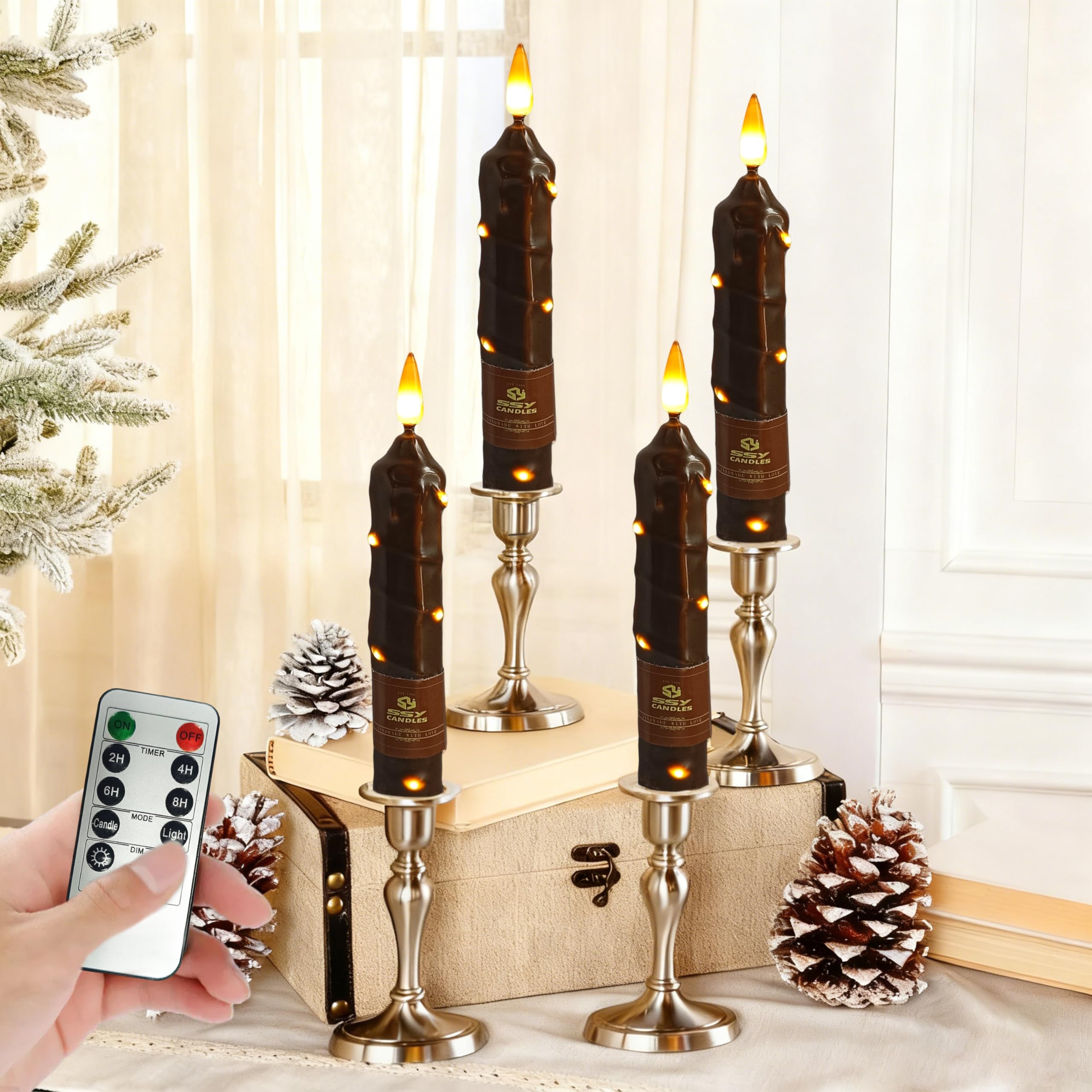 6.5 Inch Brown Flameless Taper Candles - 4 Pack Handmade Real Wax LED String Surface Candles with 10 Key Remote Timer Battery Op