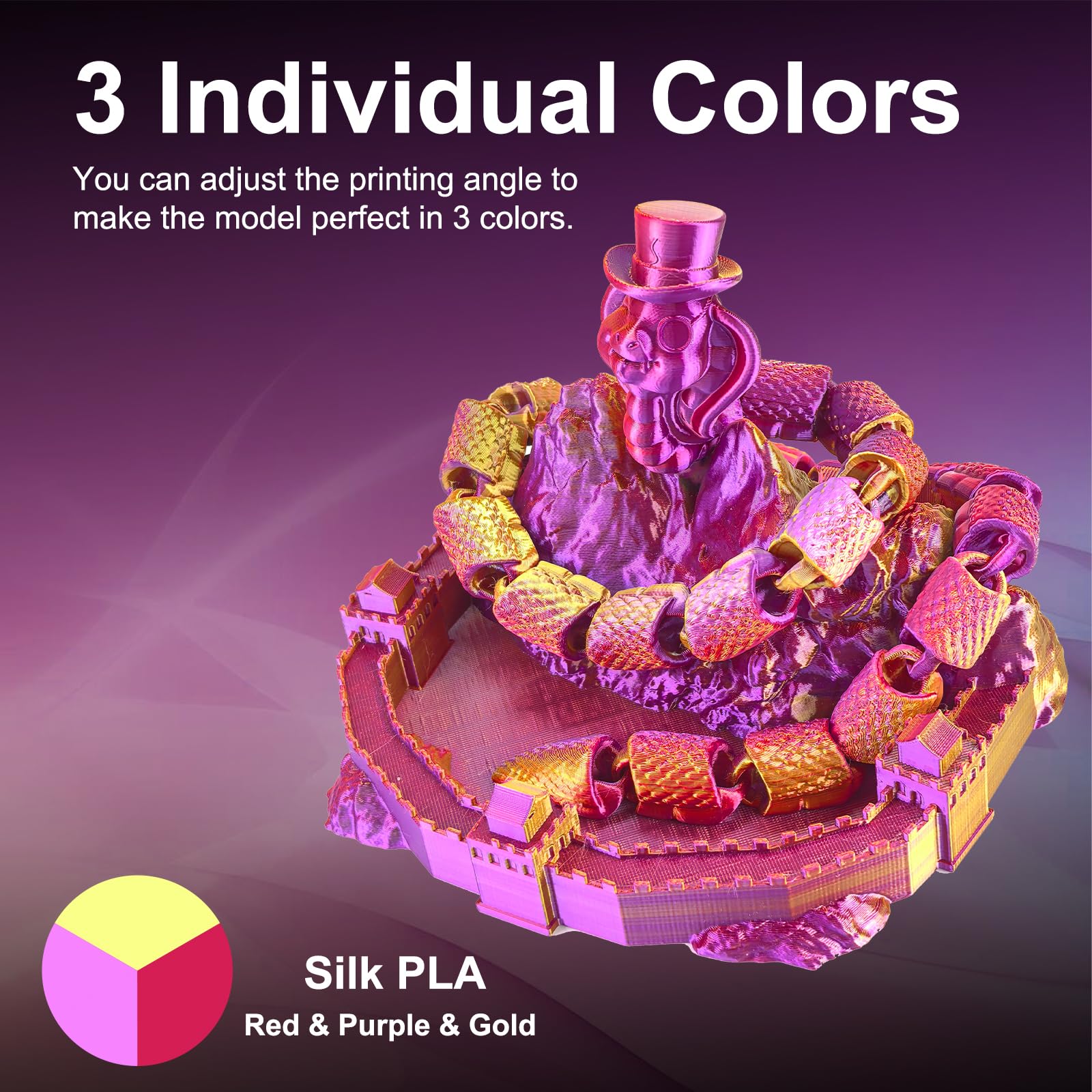 Eryone Silk Tri Color Coextrusion Pla Filament,3D Printer 1.75Mm,+/ 0.03Mm, Triple Color Filament 1Kg(2.2Lbs), Silk Red,Gold And