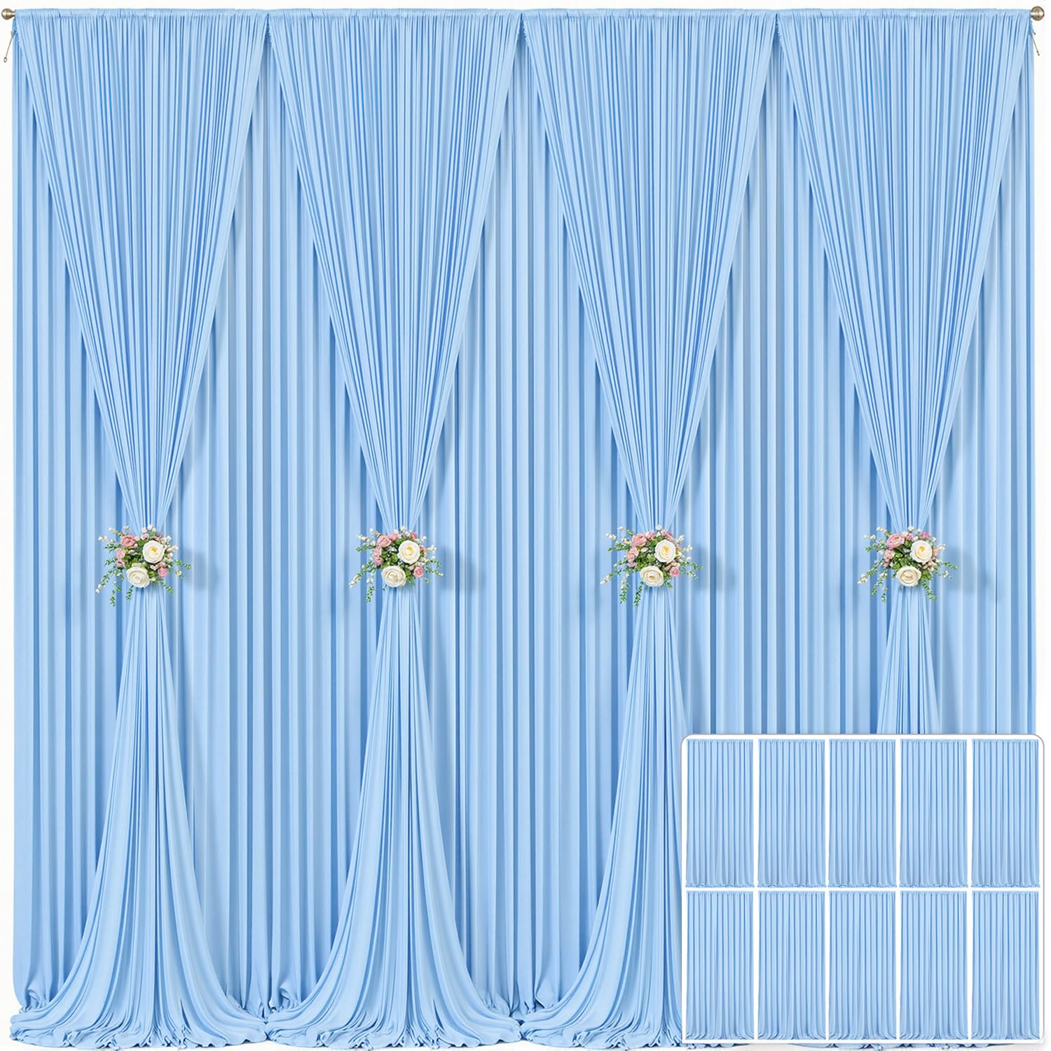 10 Panels Baby Blue Backdrop Curtain for Baby Shower Parties Wrinkle Free Light Blue Curtains Backdrop Drapes Fabric Decoration 