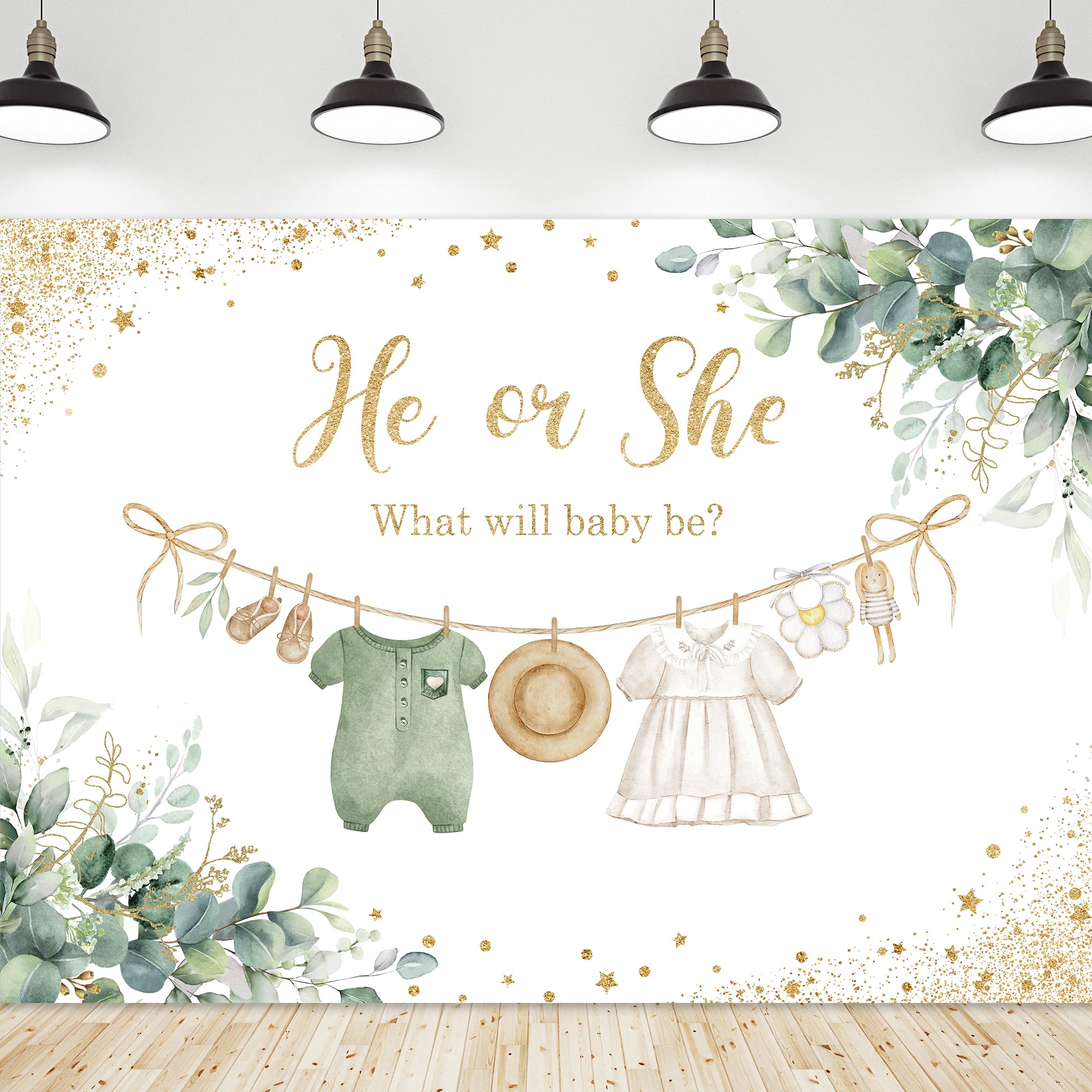 Riyidecor Green Gender Reveal Backdrop Polyester Fabric He Or She What Will Baby Be 7Wx5H Feet Boho Sage Eucalyptus Watercolor L