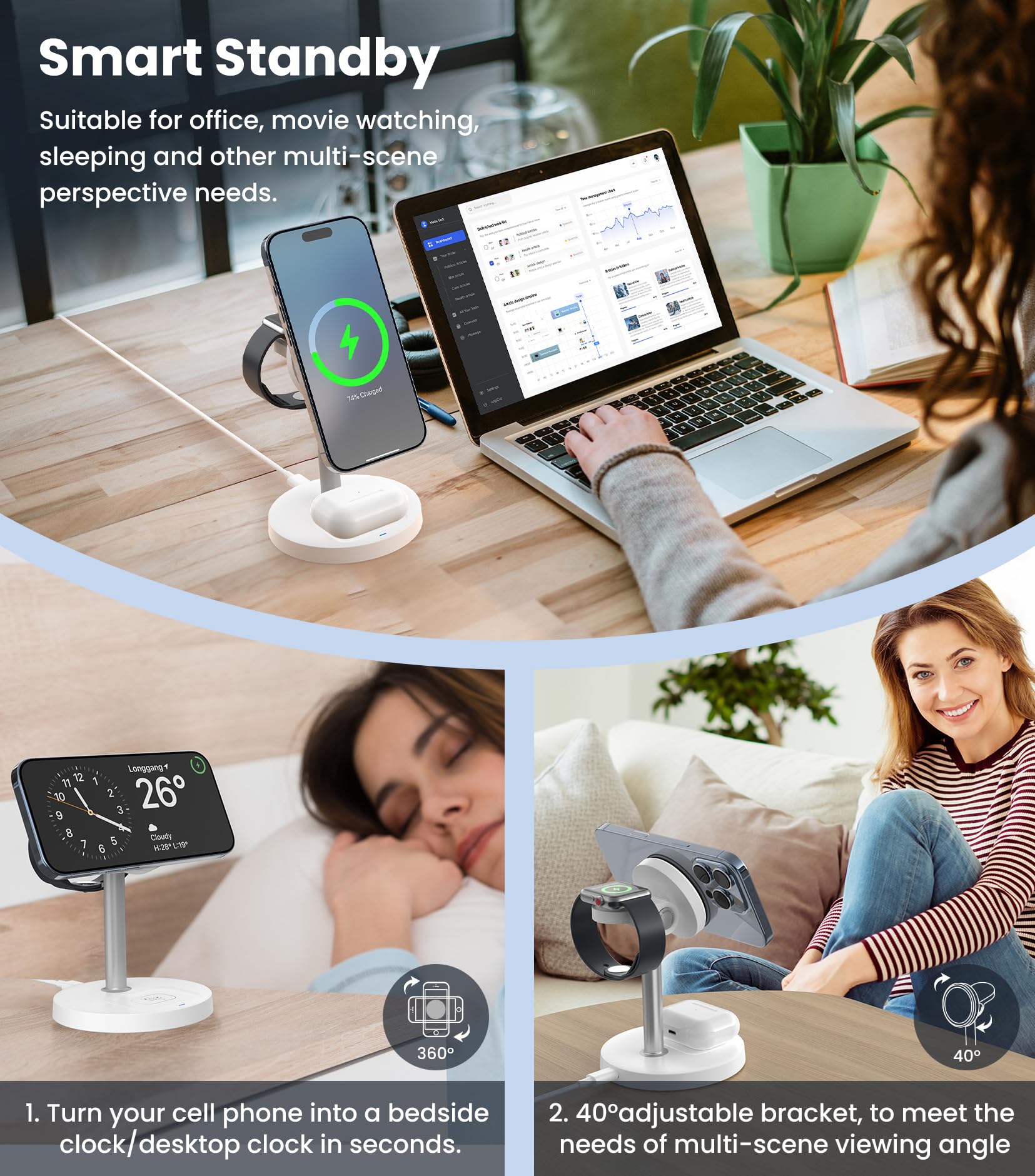 3 In 1 Wireless Charging Station Qi2 Mag-Safe Charger For Apple, 15W Fast Wireless Charger Stand For Iphone 16/15/14/13/12, Watc