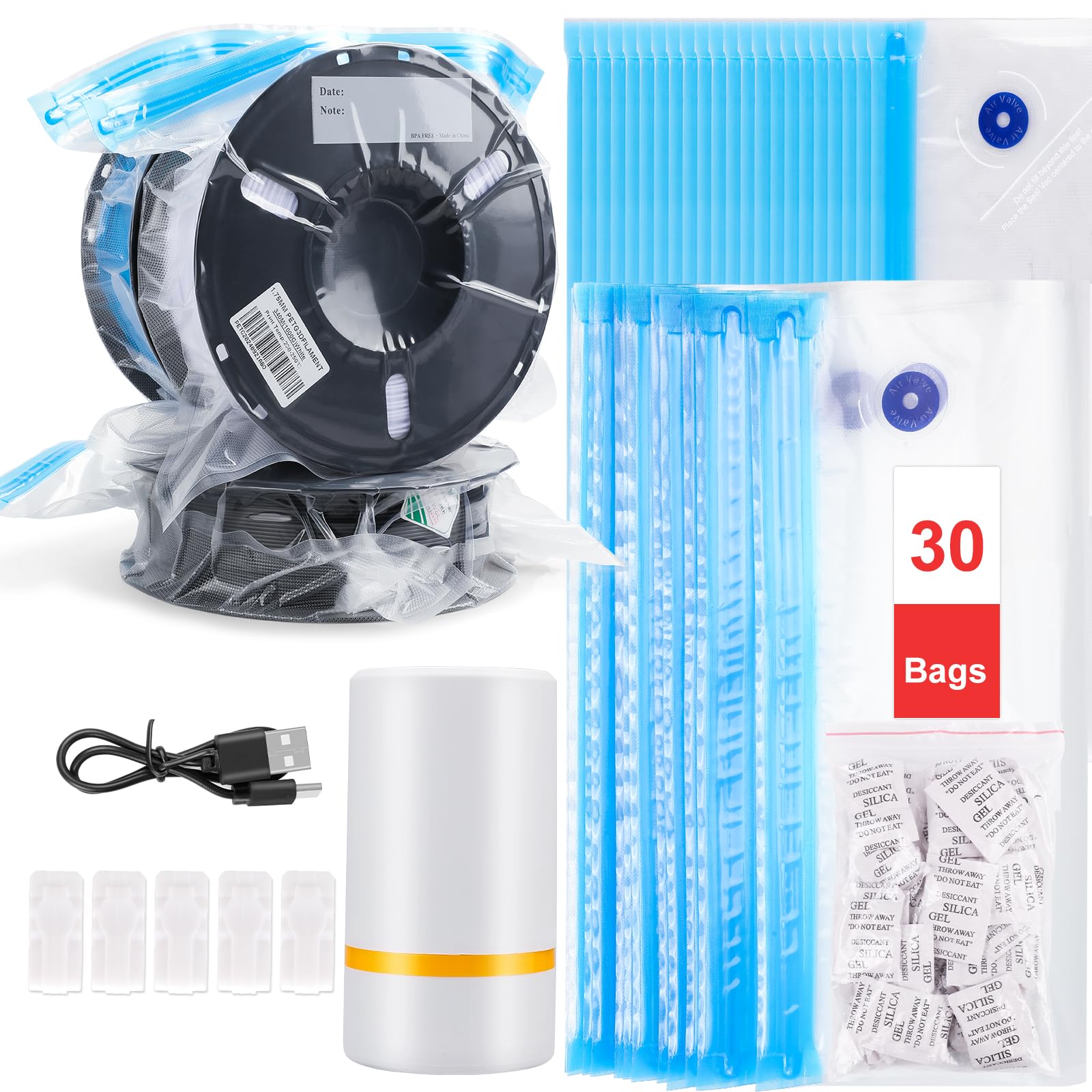 30 PCS Filament Storage Bags with Electric Auto Pump Kit-Includes 30 Vacuum Storage Bags, 30 Desiccants, 5 Sealed Clips, Perfect