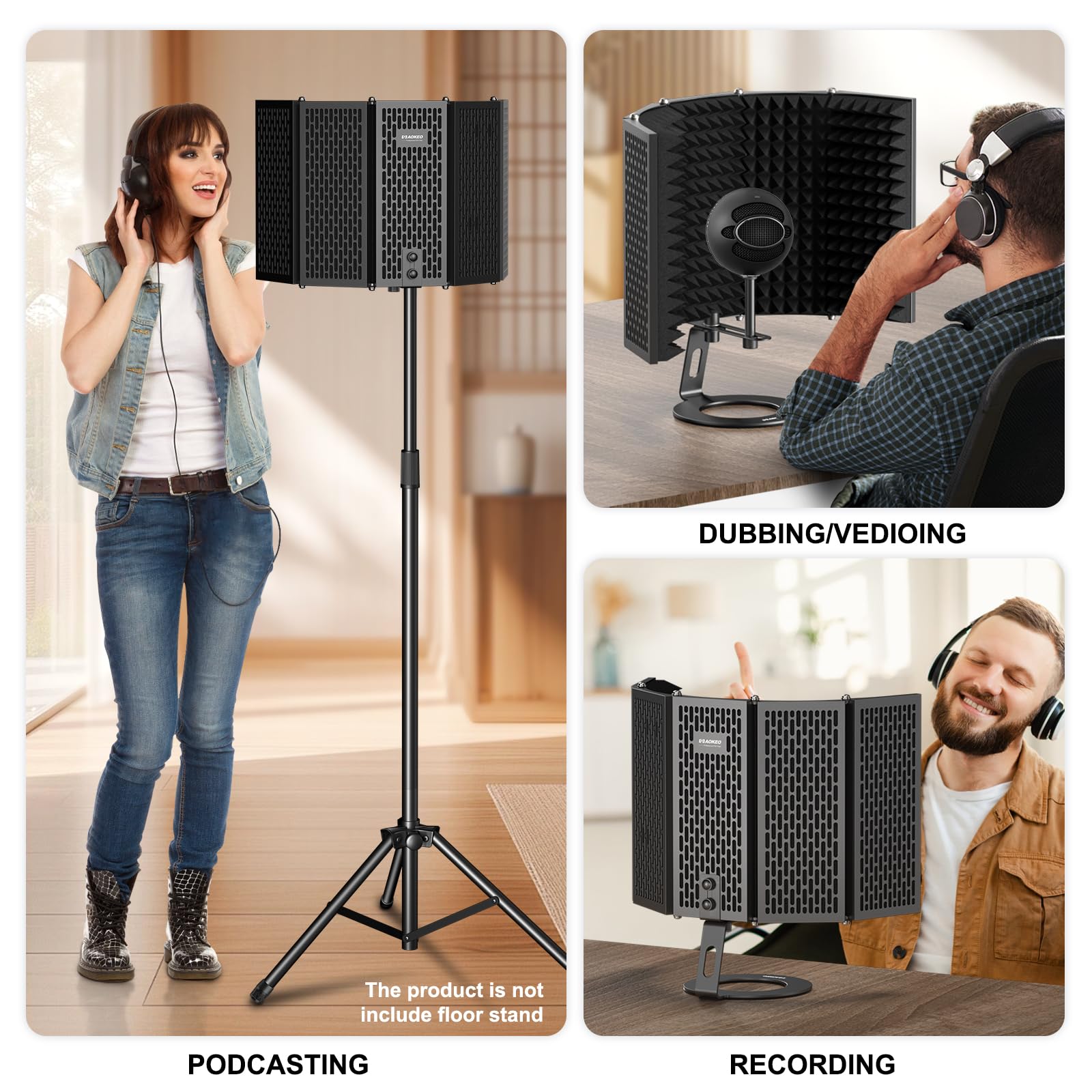 Aokeo Microphone Isolation Shield, Foldable Mic Shield With Triple Sound Insulation, Reflection Filter With 3/8 And 5/8 Mic Thre