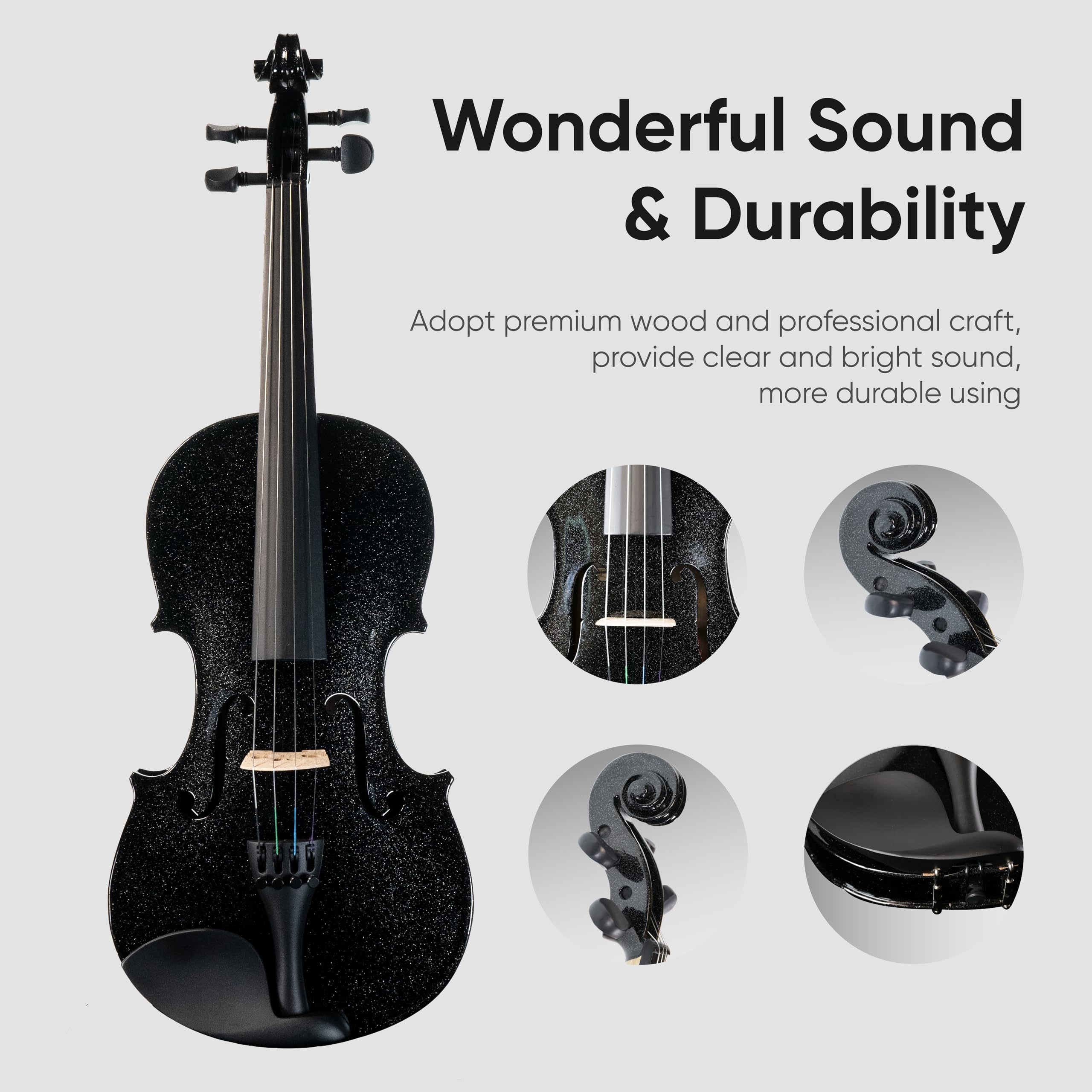 Phoenix Violin 4/4 Full Size Set, Fiddle Solid Wood For Professional Beginners Adults With Rosewood Bow Extra Strings & Bridge,R