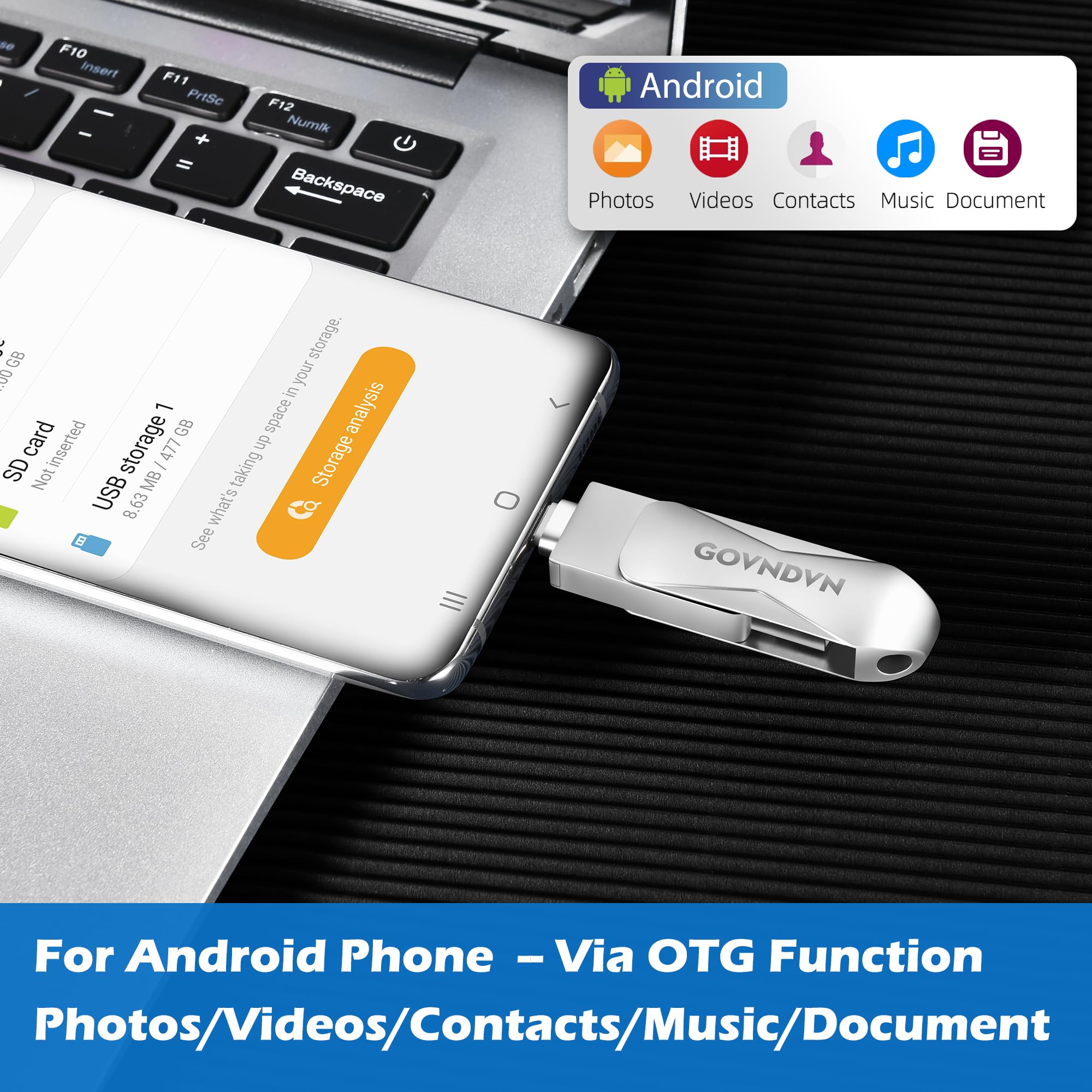 GOVNDVN 256GB Photo Stick for iPhone 15, iPad, Android, MacBook - USB C & USB 3.0 - Silver Photo Storage & Backup Flash Drive