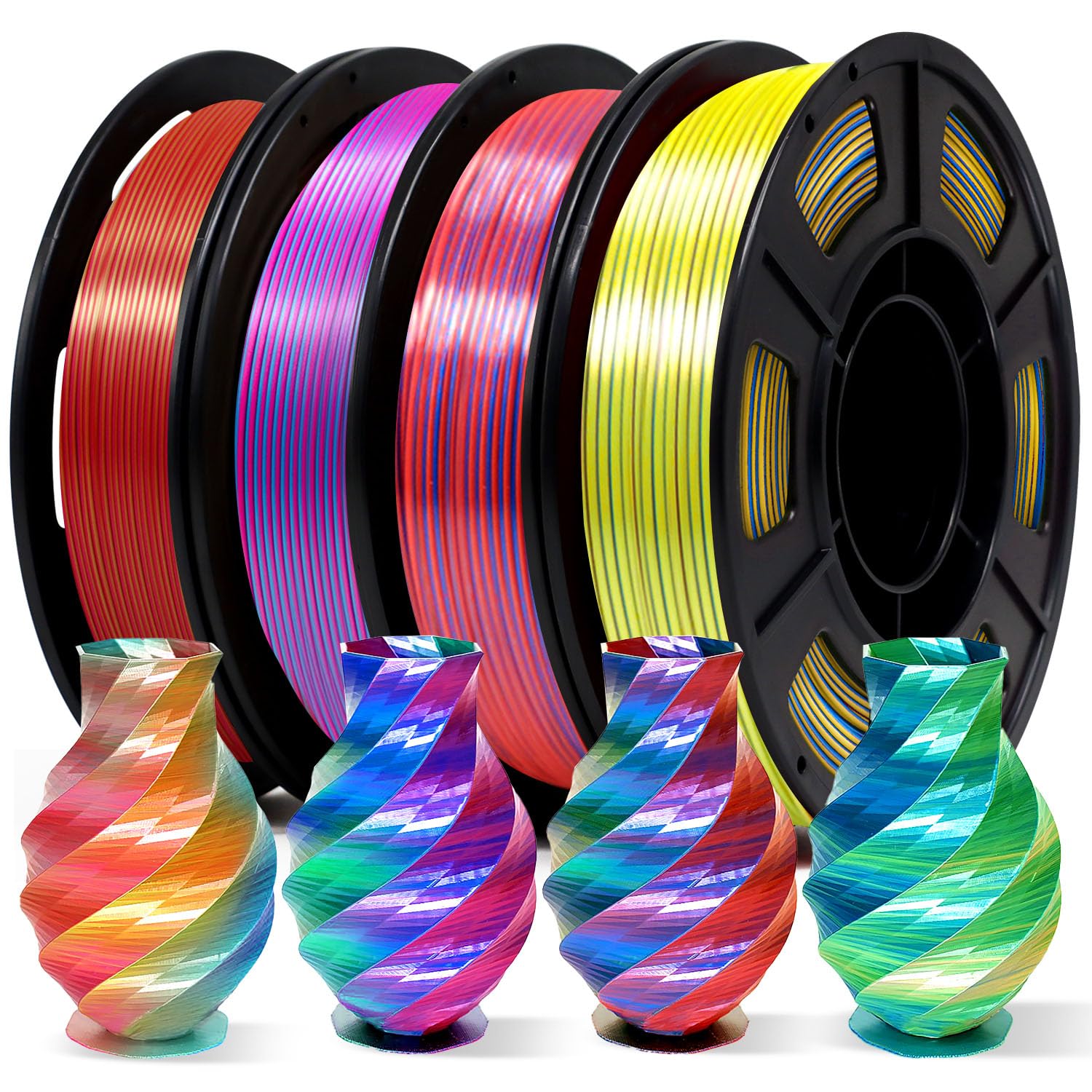 YOUSU 3D Printer Filament Tri Color Silk PLA Filament 1.75mm, 3D Printing Filament Bundle,Multicolor Filament Like Rainbow PLA, 