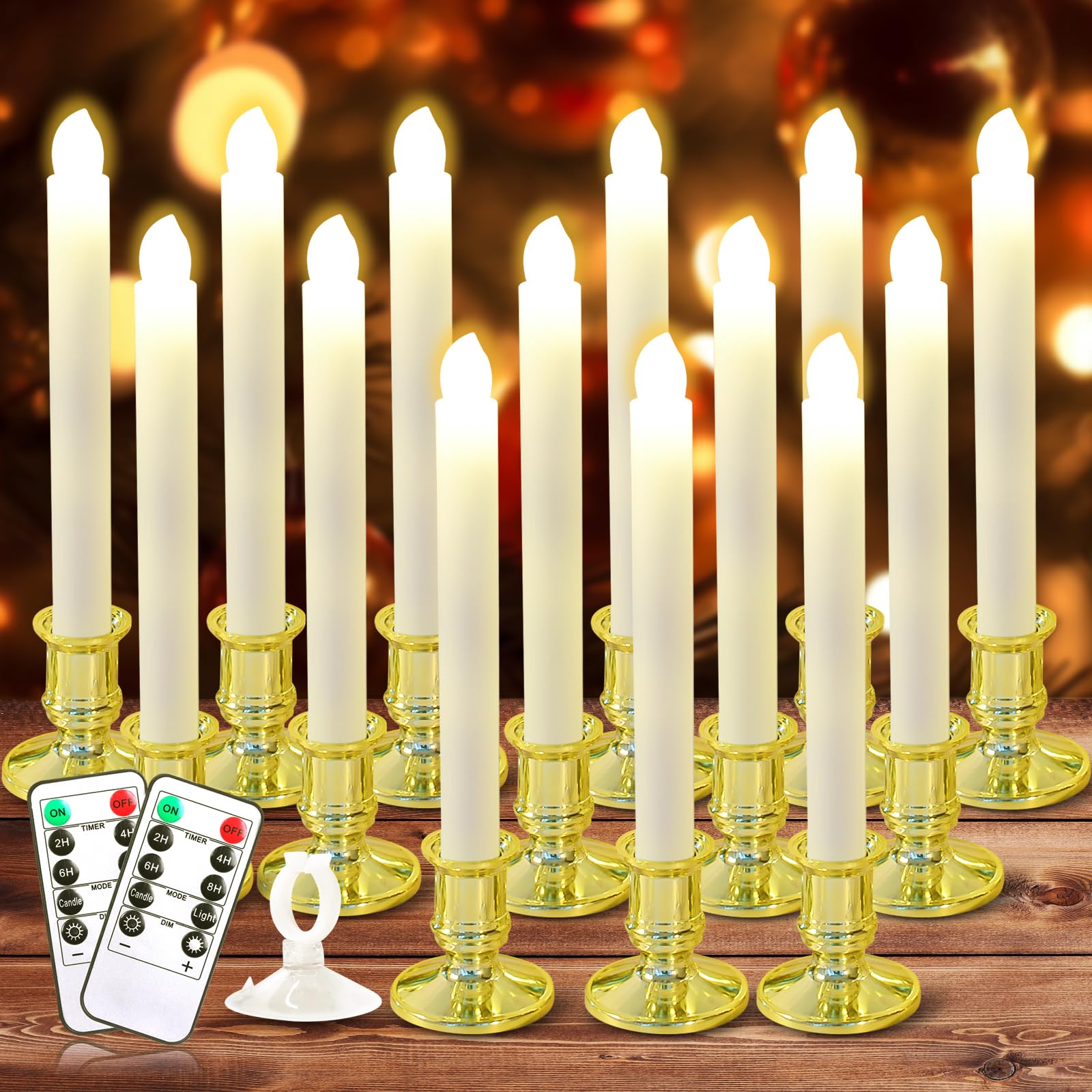 Verdenu 14 Pack Christmas Window Candles With Timer Remote, Battery Operated Led Candles With Holder/Suction Cups, Gold