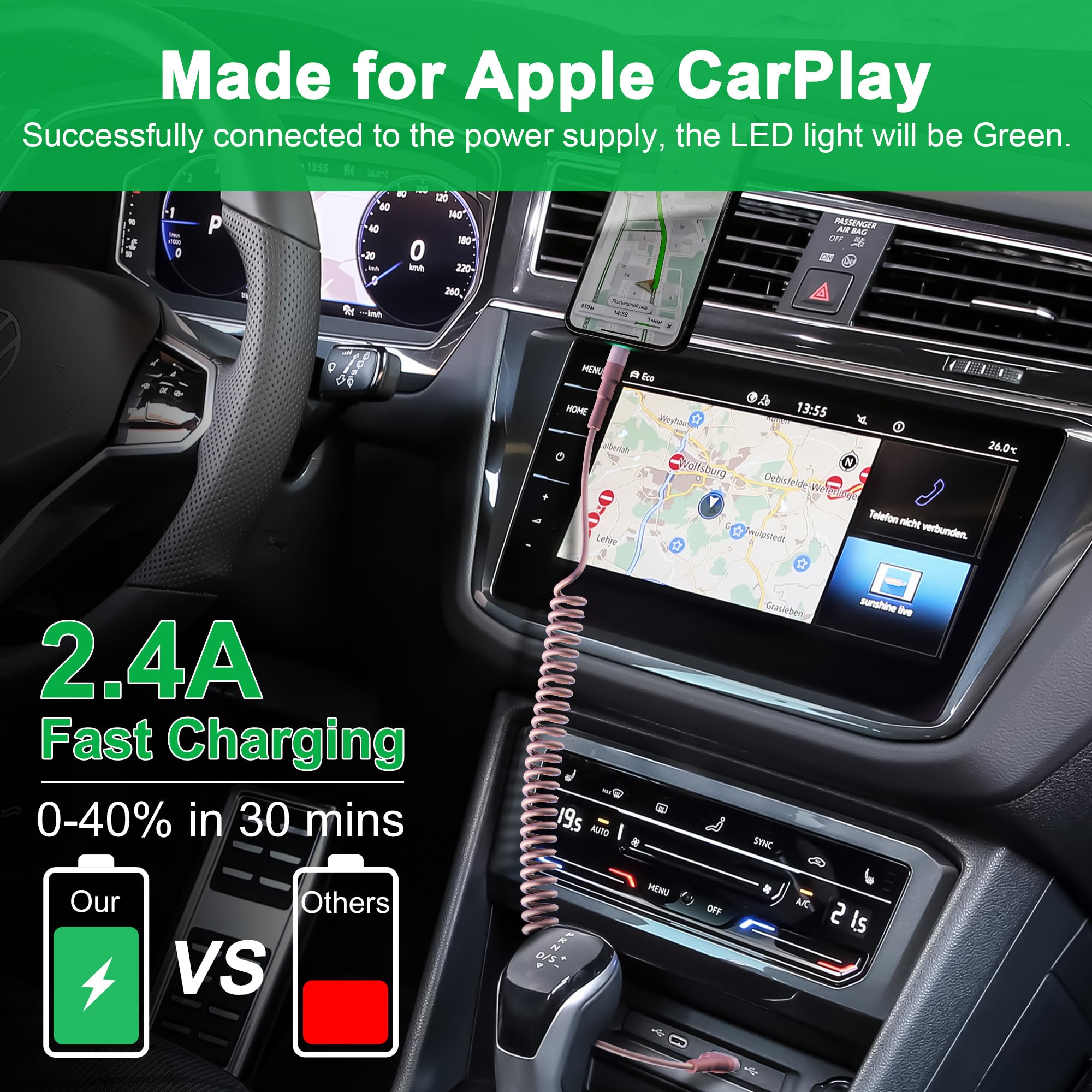 Coiled Usb To Lightning Cable [Mfi Certified], Apple Carplay Charger Cable For Car Data Sync, Coiled Iphone Car Charger Iphone Cable Pink, 2 Pack