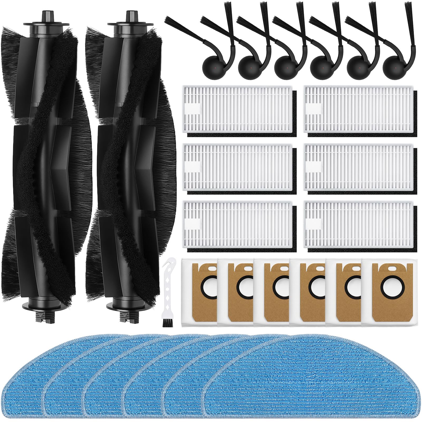 BUXEBUX L8000 Plus Replacement Accessories Kit for Tikom L8000 Plus Robot Vacuum Parts, 2 Main Brush, 6 Dust Bags, 6 Side Brushe