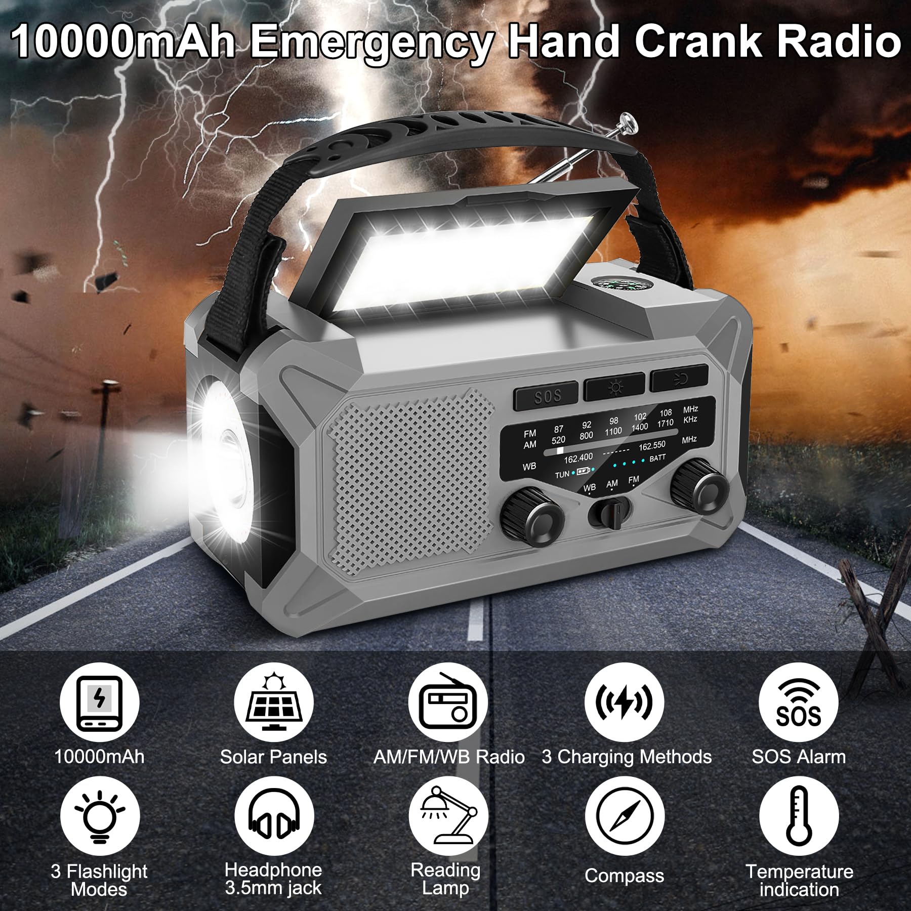 10000Mah Emergency Weather Radio With Solar Charging, Hand Crank & Type C Charge, Portable Radio Am/Fm/Noaa, Led Flashlight Read