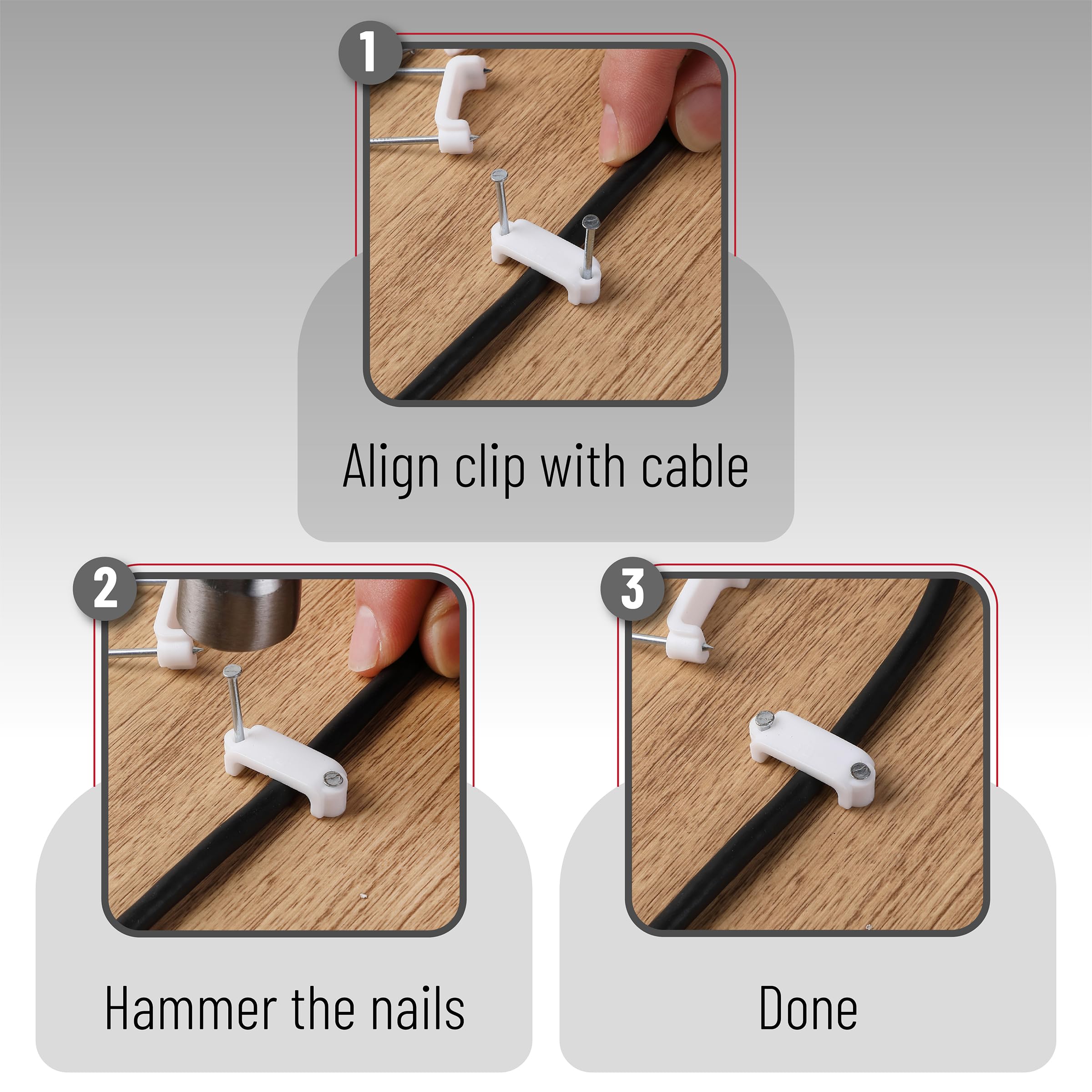 Bates  Cable Clips With Steel Nails, 200 Pcs, White, Large, 2 Nail Cord Clips For Wires On Wall, Cable Wall Clip, Wire Wall Clip