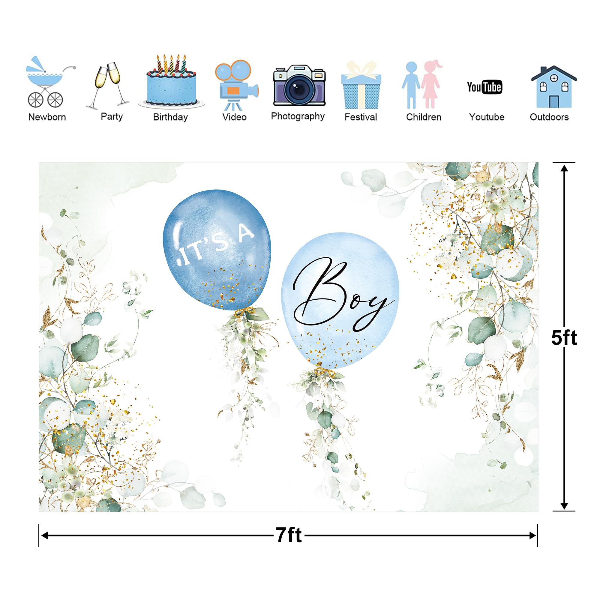Glawry It'S A Boy Baby Shower Backdrop For Photography 7Wx5H Feet Cute Blue Cartoon Balloons Watercolor Green Gold Eucalyptus Le