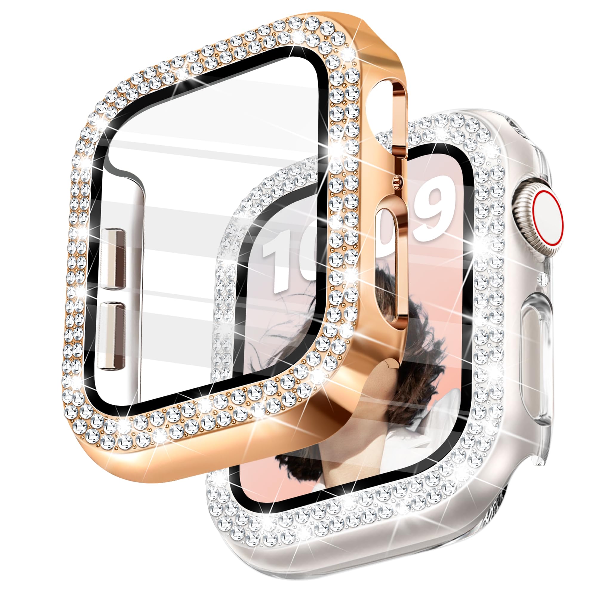 Newlibery 2-Pack Bling Case with HD Screen Protector Women Compatible with Apple Watch 45mm Diamond PC Bumper Full Protective Fa