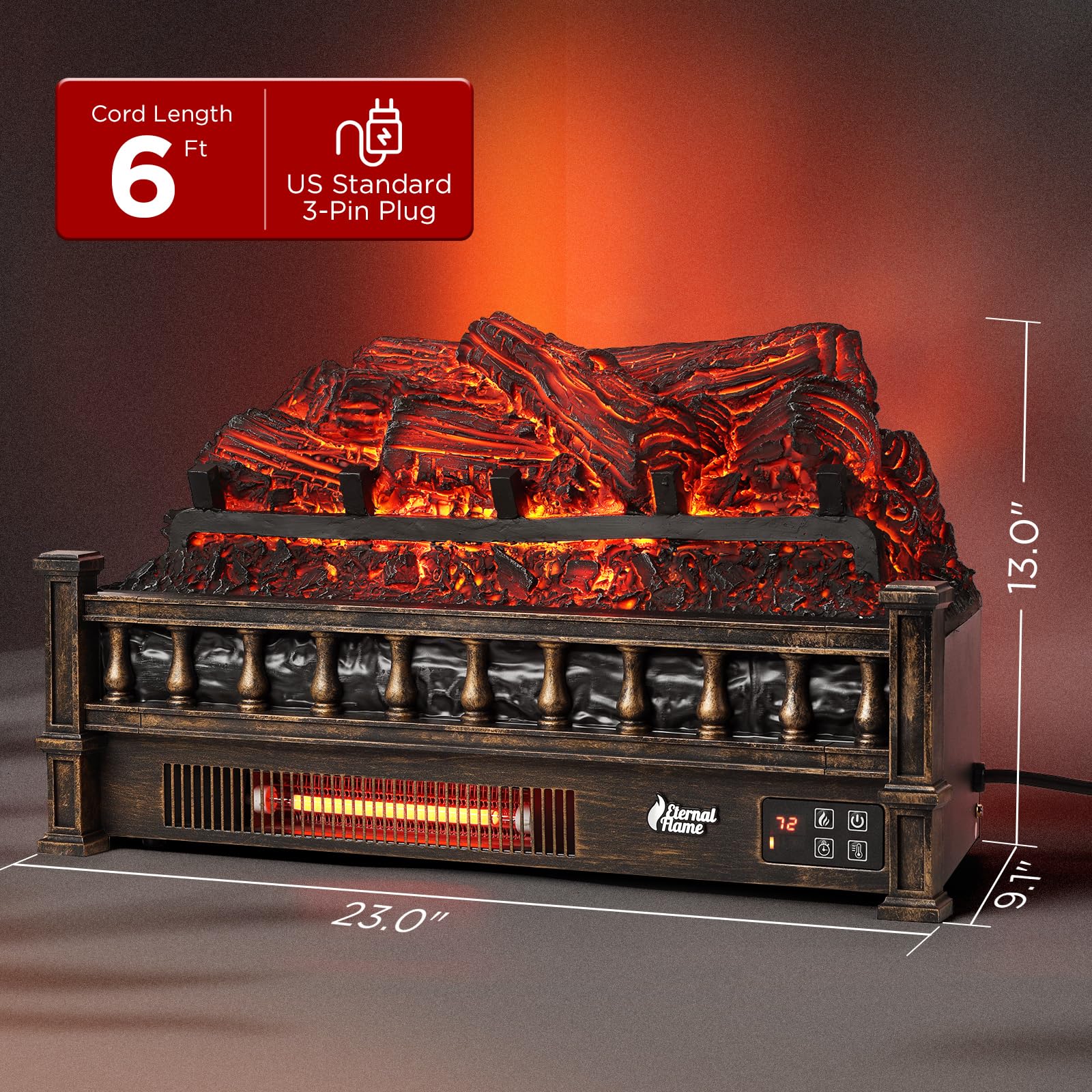 Turbro Eternal Flame Infrared Electric Fireplace Logs, 23 Infrared Quartz, Remote Control Fireplace Insert Log Heater, Realistic