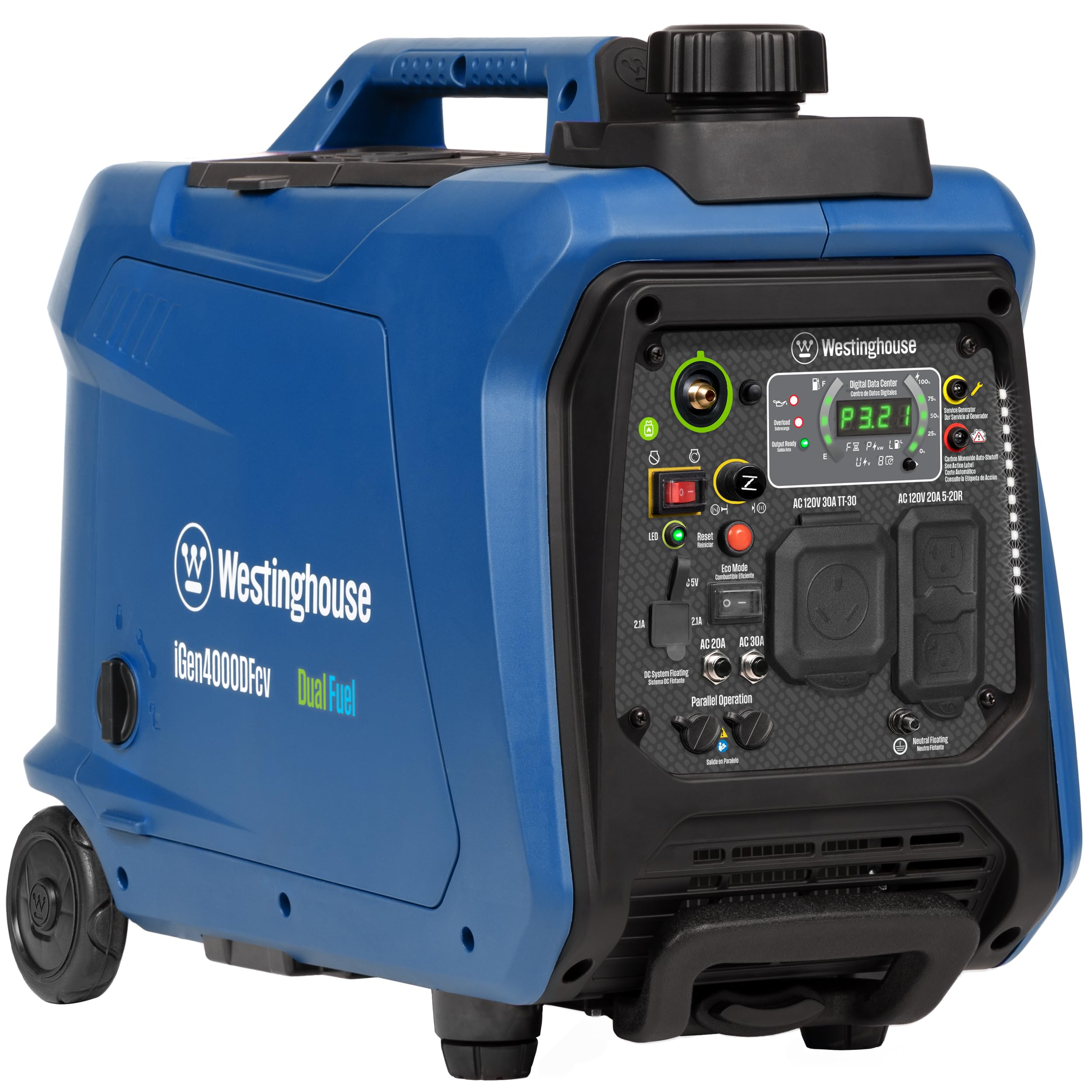 Westinghouse Outdoor Power Equipment 4000 Peak Watt Super Quiet Dual Fuel Portable Inverter Generator, Wheel & Handle Kit, Gas &