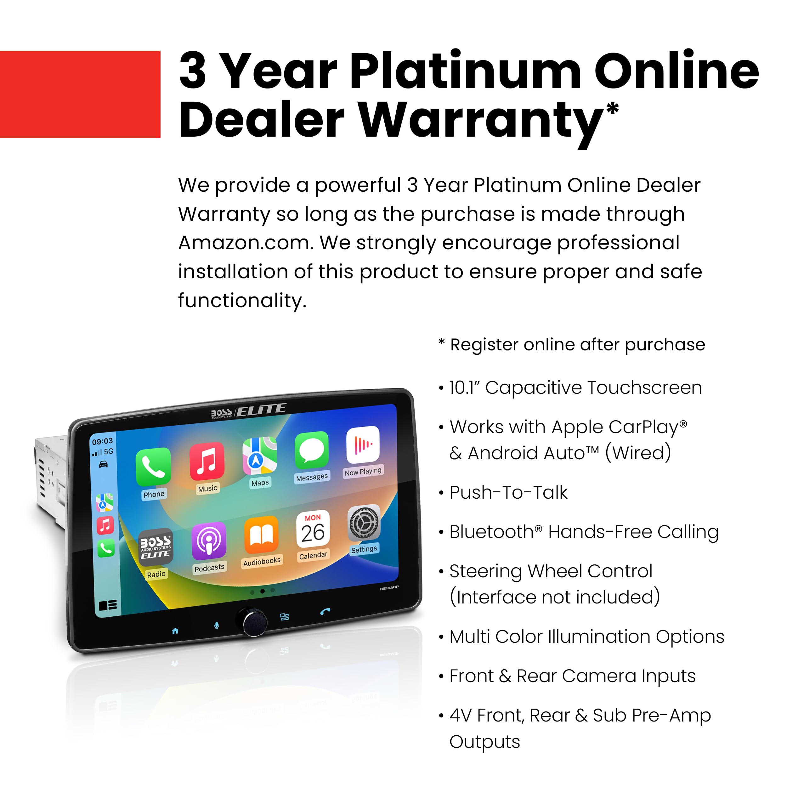 Boss Audio Systems Elite Be10Acp Car Stereo System, Apple Carplay, Android Auto, 10.1 Inch Single Din, Touchscreen, Double Din C