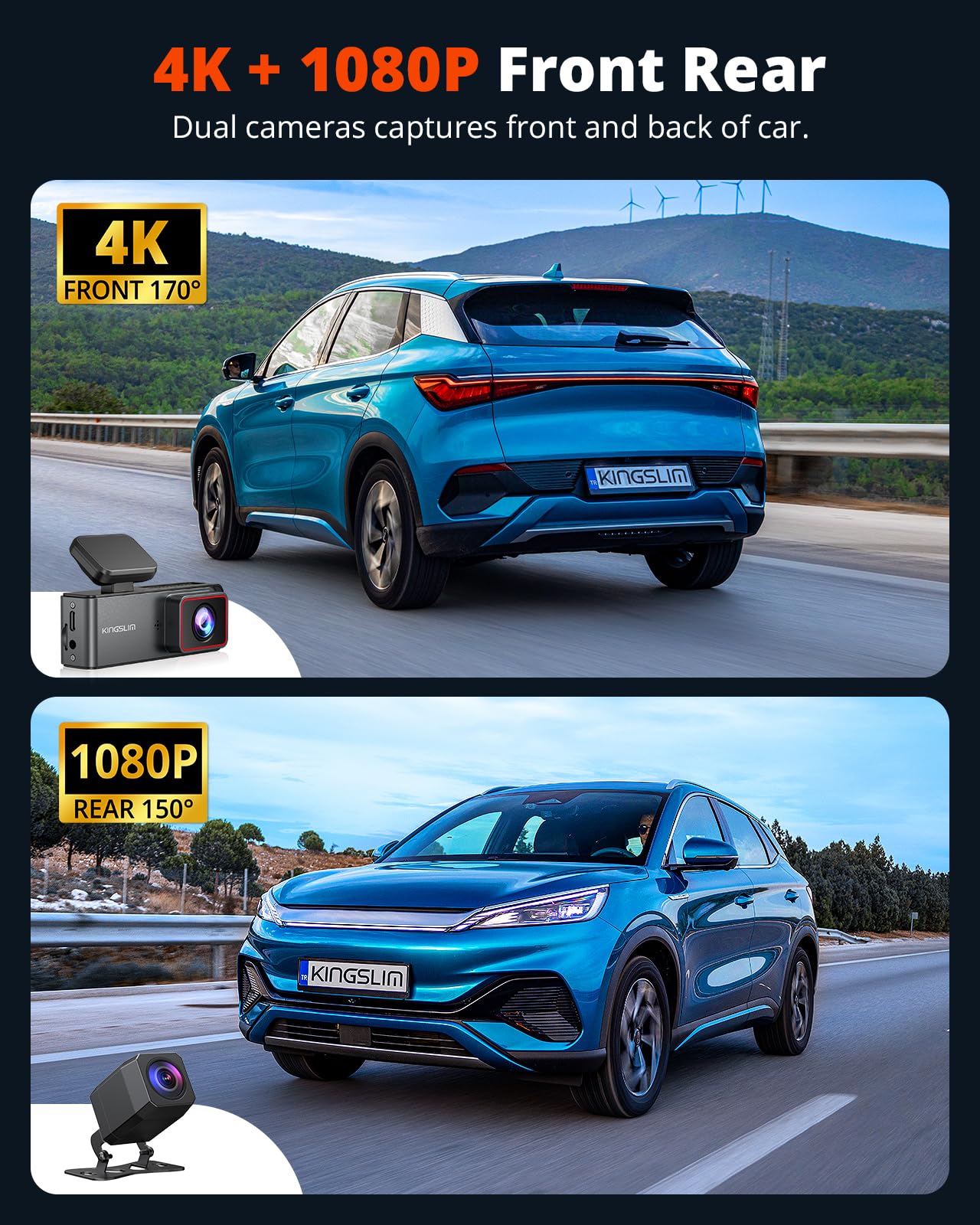 Kingslim 4K Dash Cam Front And Rear With 64Gb Sd Card, 5G Wifi Dash Camera For Cars, 1.5 Screen Dashcam Wireless App Control,