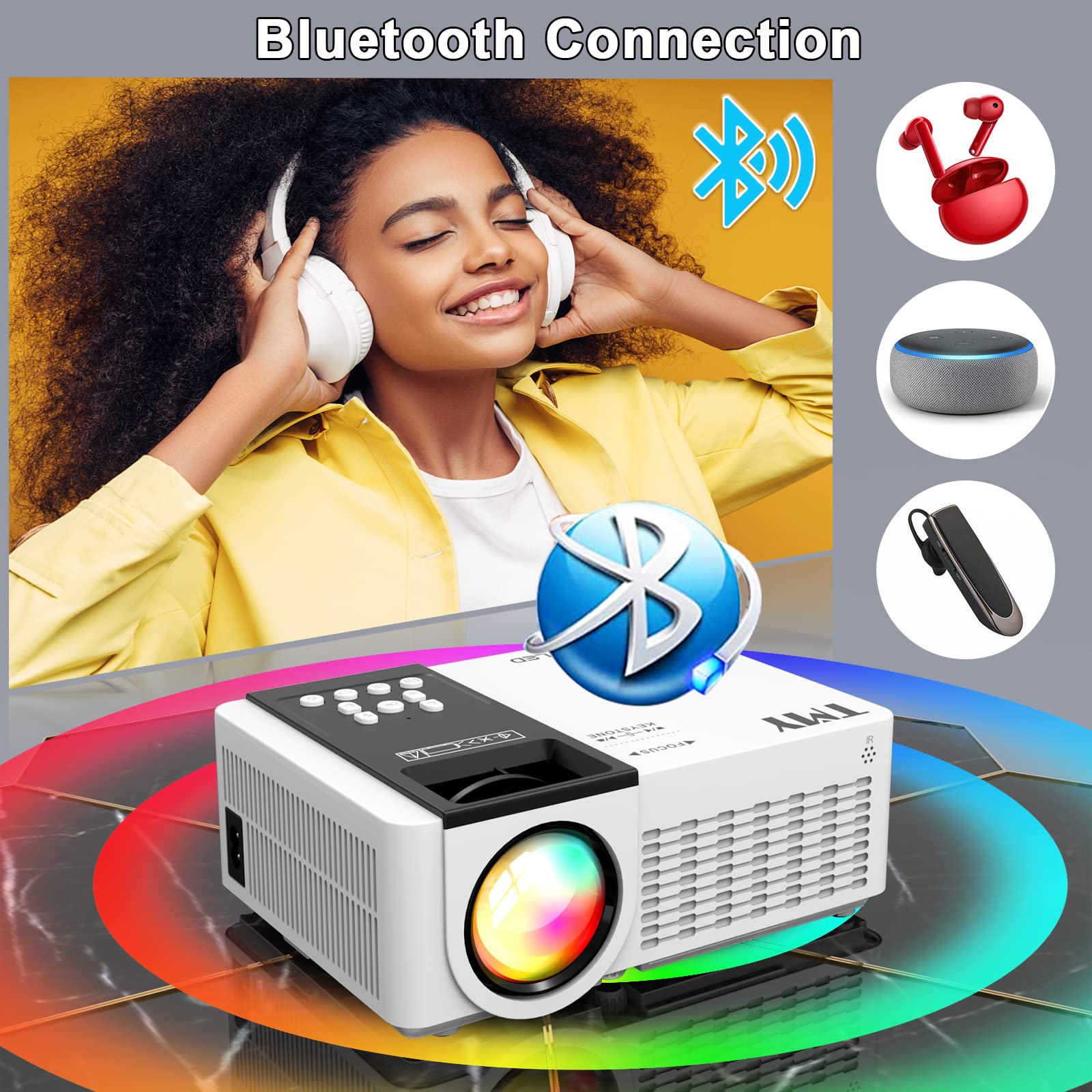 TMY 5G WiFi Projector PT-06, 1080P Mini Projector, Bluetooth 5.1, Portable Outdoor Use, White, Compatible with TV Stick & More
