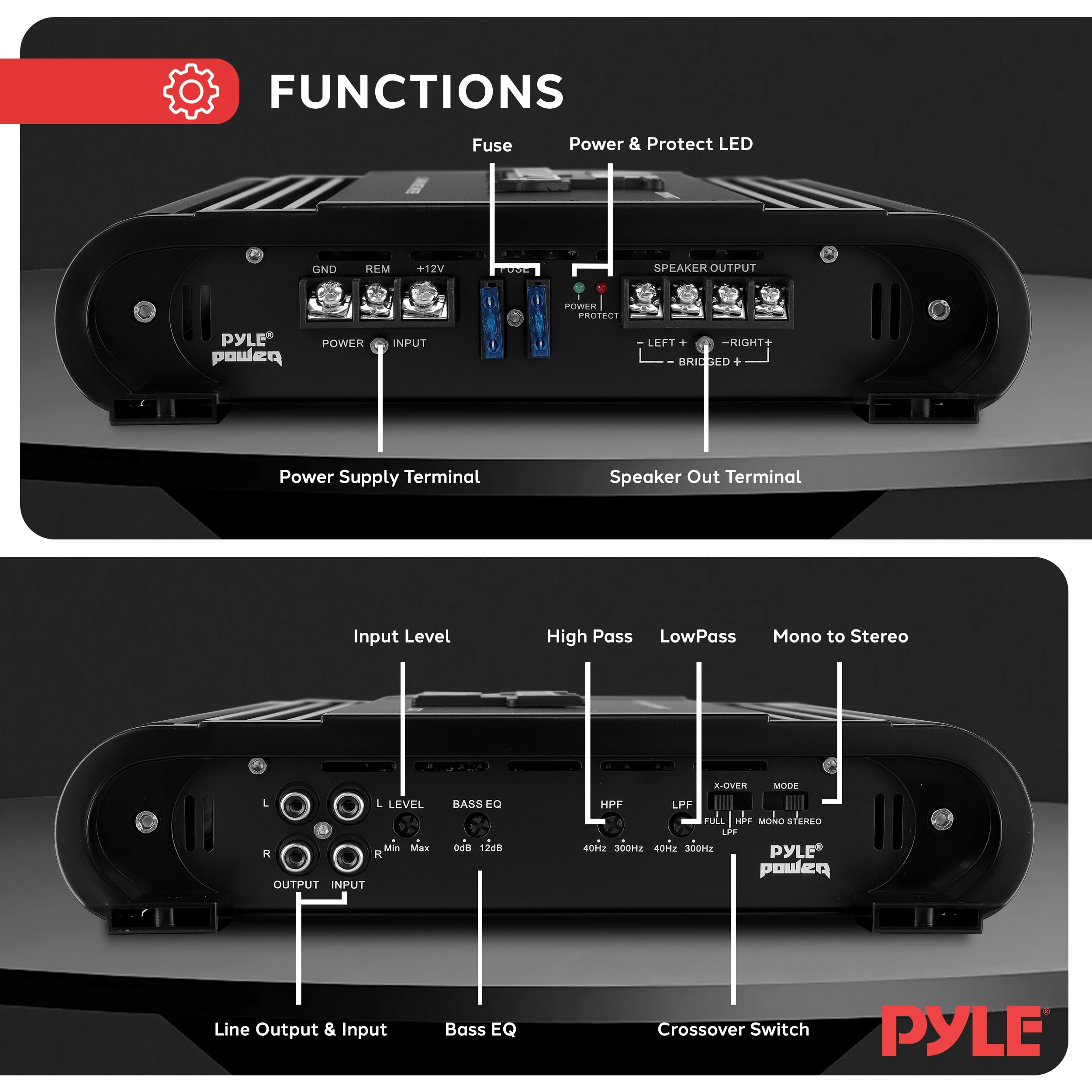 Pyle 2 Channel Car Stereo Amplifier   2000W High Power Dual Channel Bridgeable Audio Sound Auto Small Speaker Amp Box W/ Mosfet,